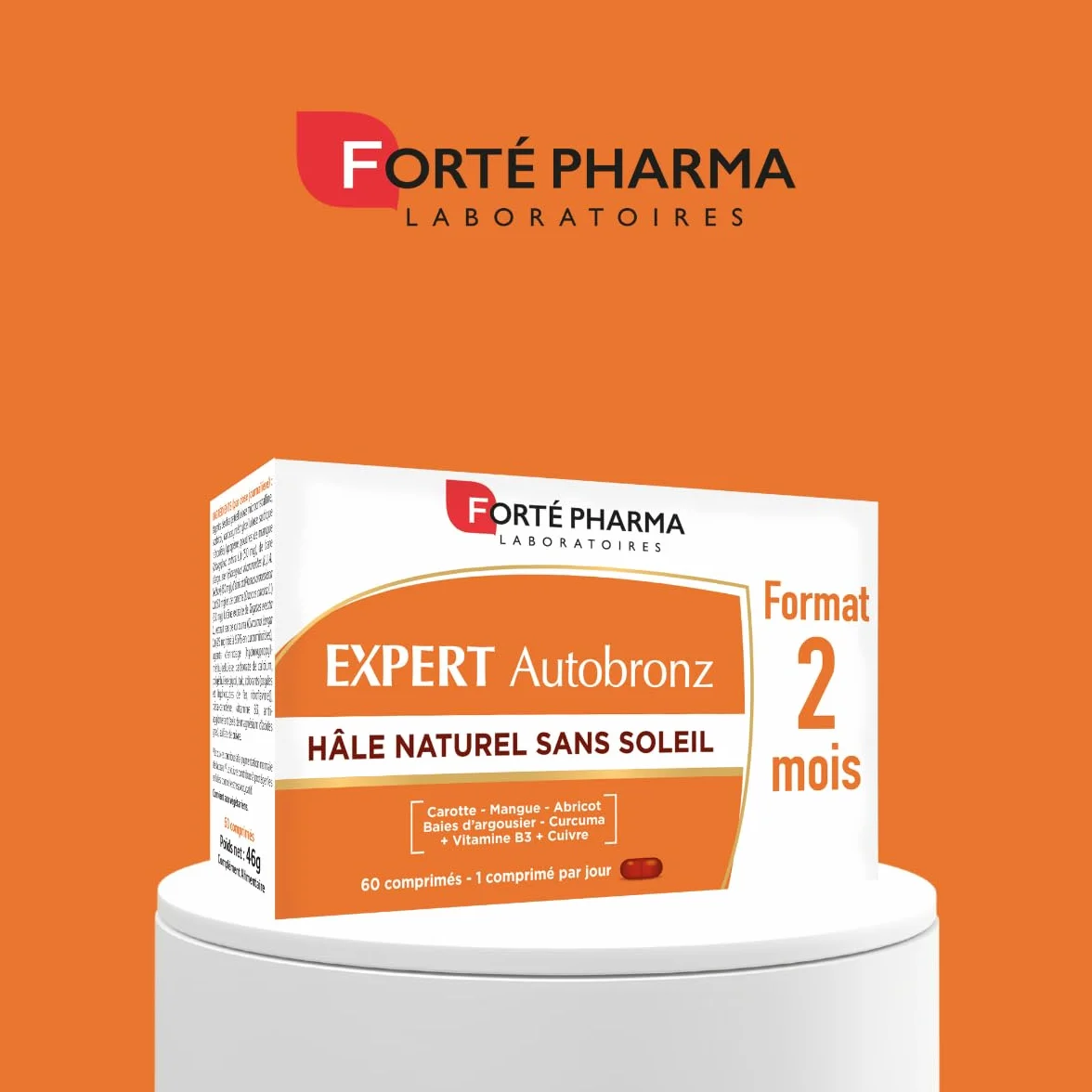 Forté Pharma Expert Autobronz Complement alimentaire bronzage Hâle naturel Autobronzant sans soleil Cuivre Carotte Mangue Abricot Curcuma Vitamine B3 60 jours