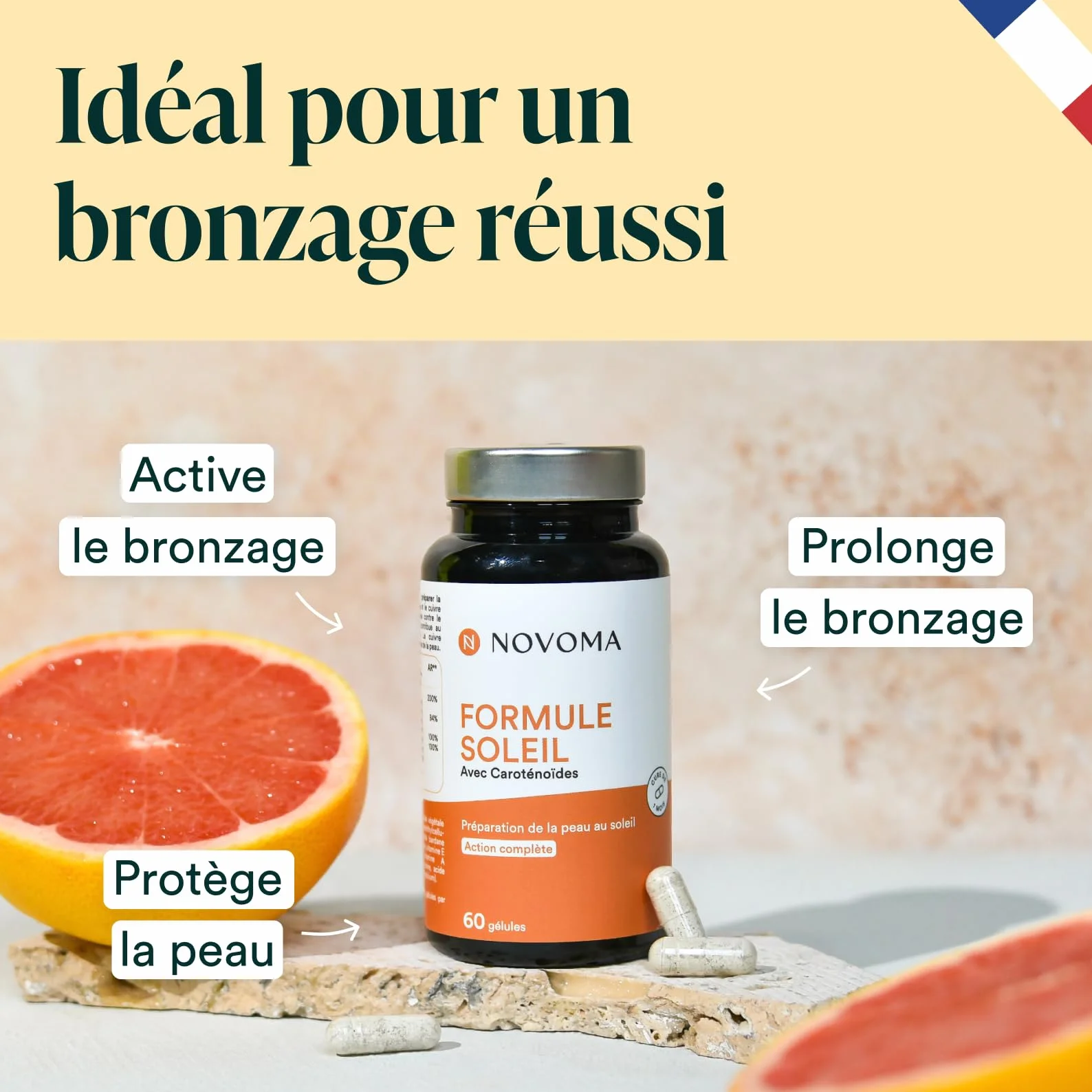 NOVOMA Formule Soleil Accélérateur de Bronzage 60 Gélules Fabriqué en France