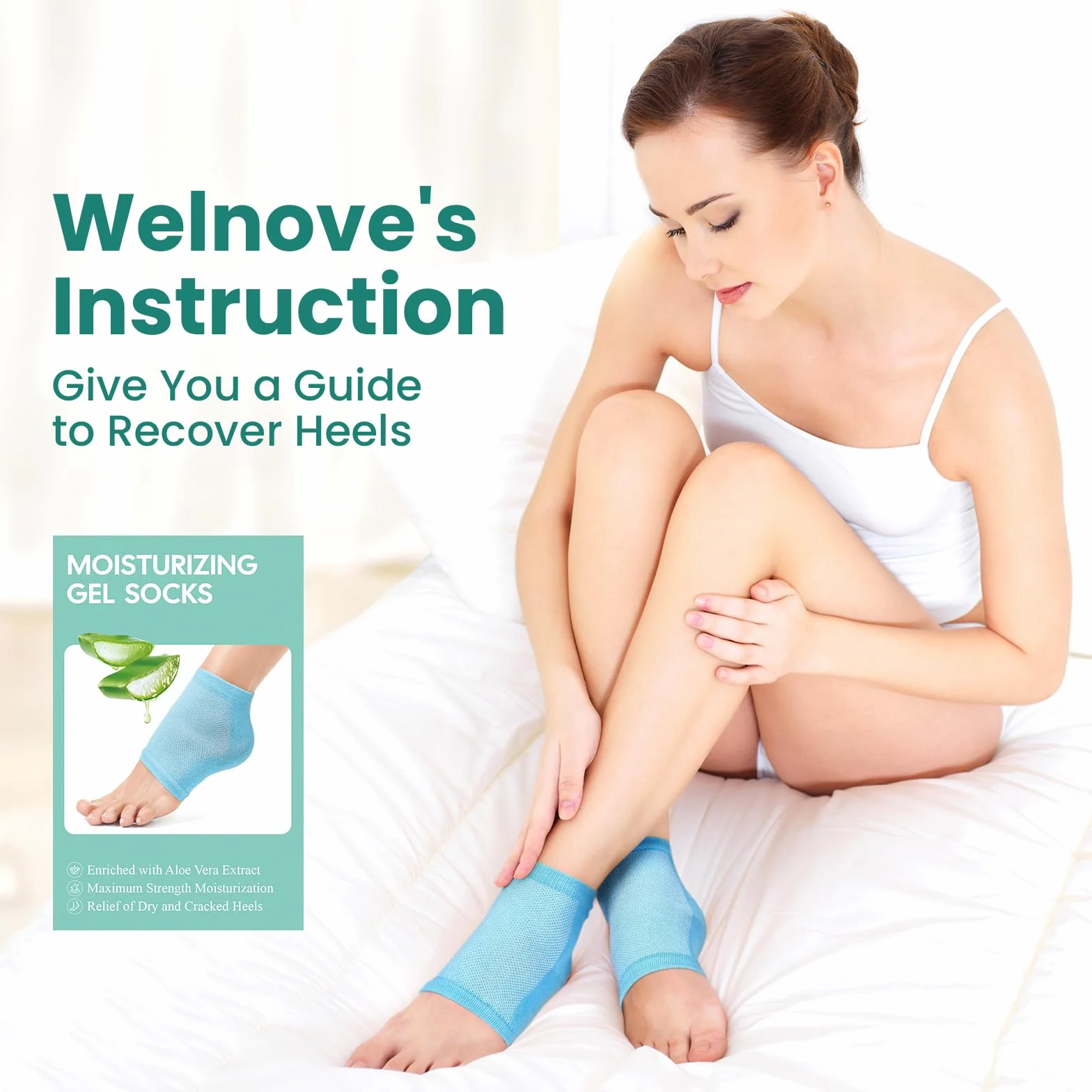 Welnove Lot de 2 paires de chaussettes hydratantes à talon Extrait d'aloe vera Doublure en gel pour pieds secs