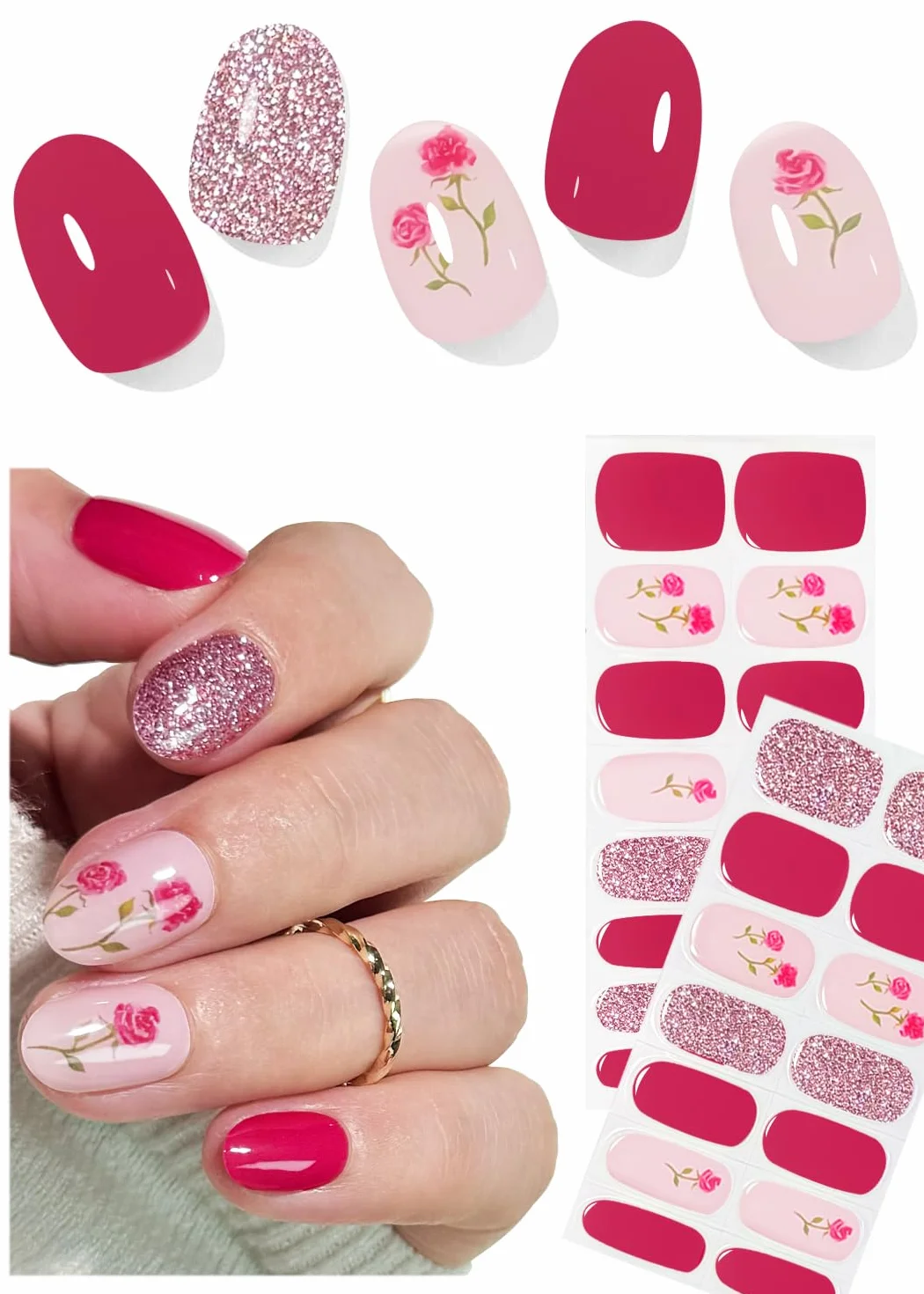 Autocollant Ongle Gel UV Rose 30pcs Bandes d'Ongles en Gel Semi Durcis Nail Art DIY