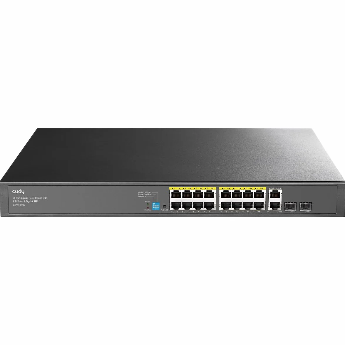Cudy Commutateur Ethernet Gigabit Non Managé PoE+ 16 Ports, 200W, 16 Ports Gigabit PoE+, 2 SFP, 2 Ports Uplink, Montage en Rack 19", 802.3af/at, GS1018PS2