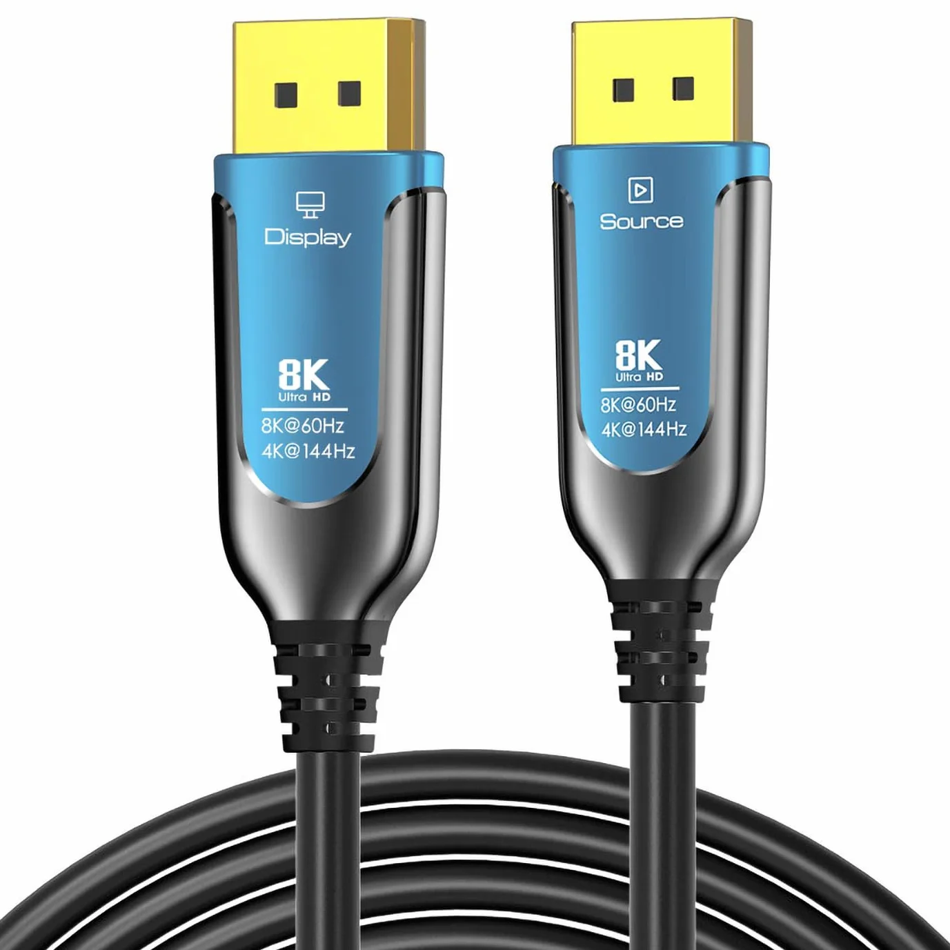 PremiumCord Câble Optique 8K DisplayPort 1.4 M/M 50m, Mâle vers Mâle, 32,4Gbps, Vidéo 8K@60Hz, 5K@60Hz, 4K@60Hz 2160p, Connecteurs Plaqués Or, Bleu/Noir