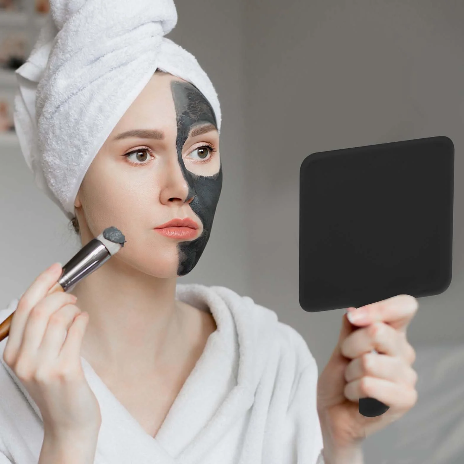 Miroir à Main de Coiffure Carré avec Poignée pour Maquillage Voyage Salon Noir