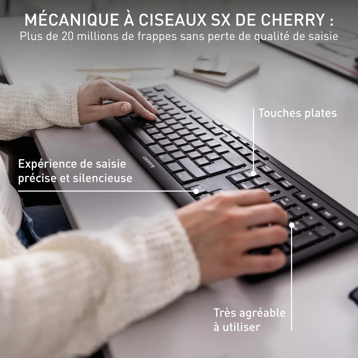 CHERRY Stream Keyboard Wireless, Clavier sans Fil, Disposition française (AZERTY), Connexion Radio 2,4 GHz, Touches silencieuses, Design Plat, Alimenté par Batterie, Noir