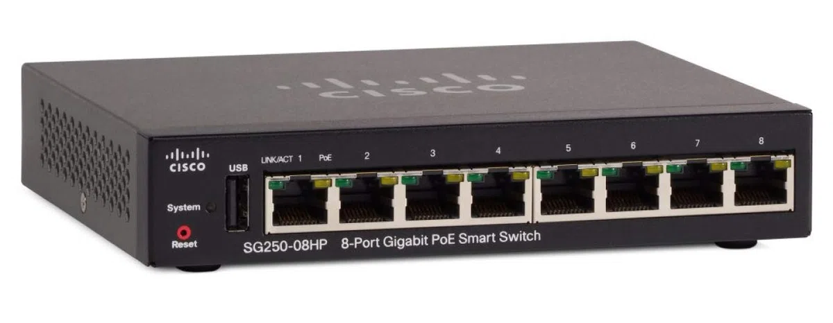 Commutateur Intelligent Cisco SG250-08HP avec 8 Ports Gigabit Ethernet (GbE) Plus 45 W PoE, Protection à Vie limitée (SG250-08HP-K9-EU)