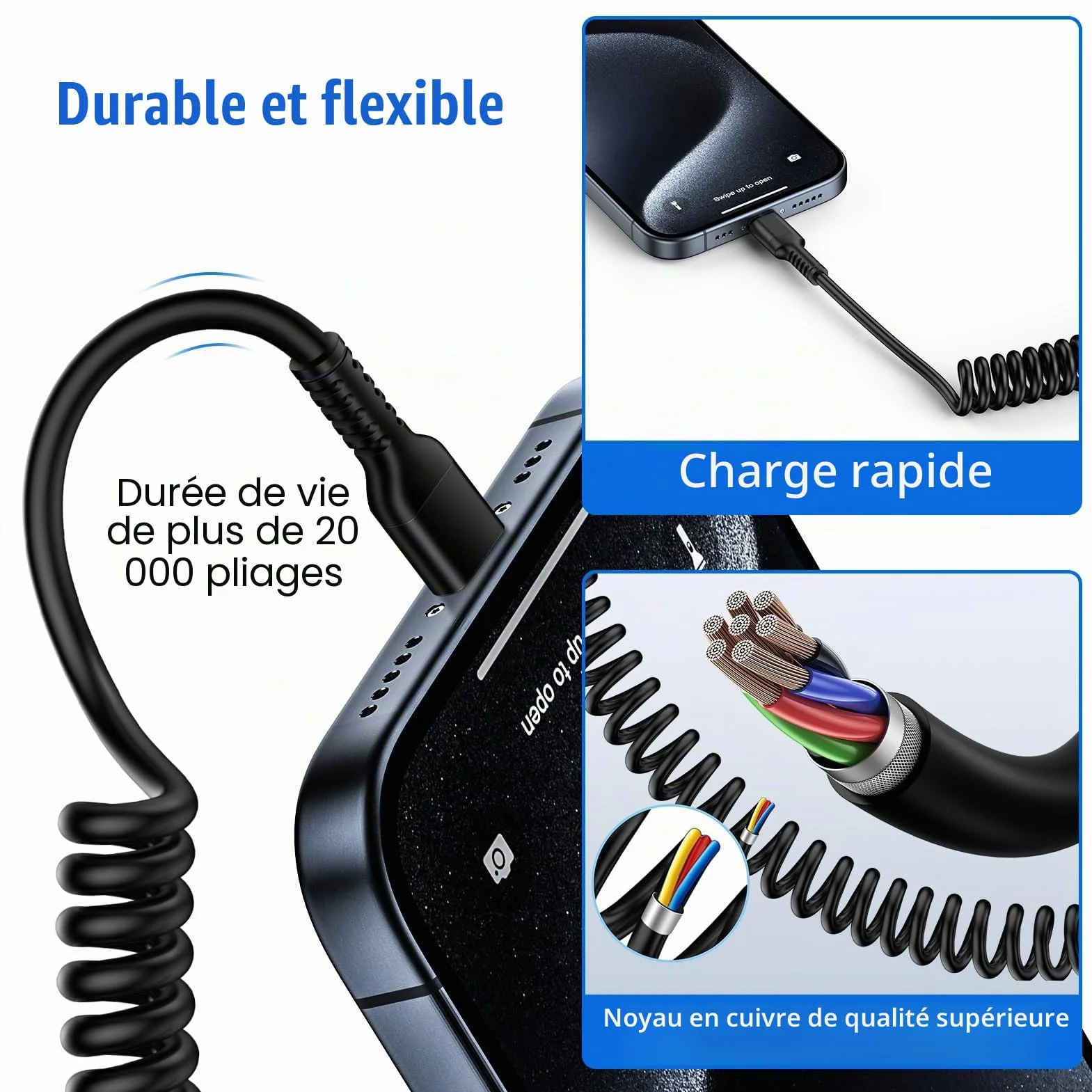Câble Spiralé USB A vers Lightning MFi pour iPhone Carplay Chargeur Rétractable