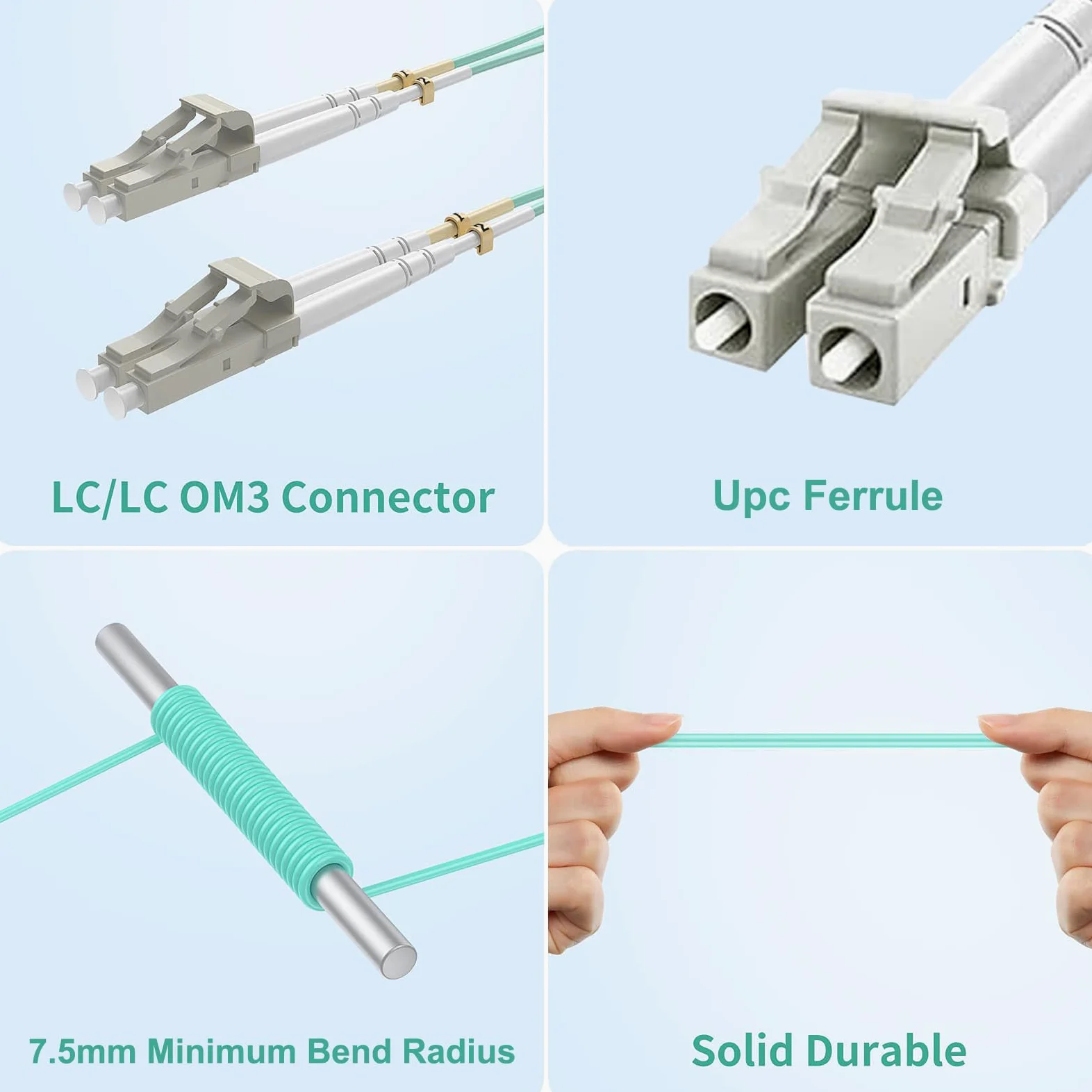 Yonwide OM3 Fibre optique LC vers LC 100 m Options : 0,2 m-200 m, Lc-Lc Multimode 100 mètres, câble fibre optique multimode 10 Go OM3 duplex 50/125 μm, Aqua LSZH MMF