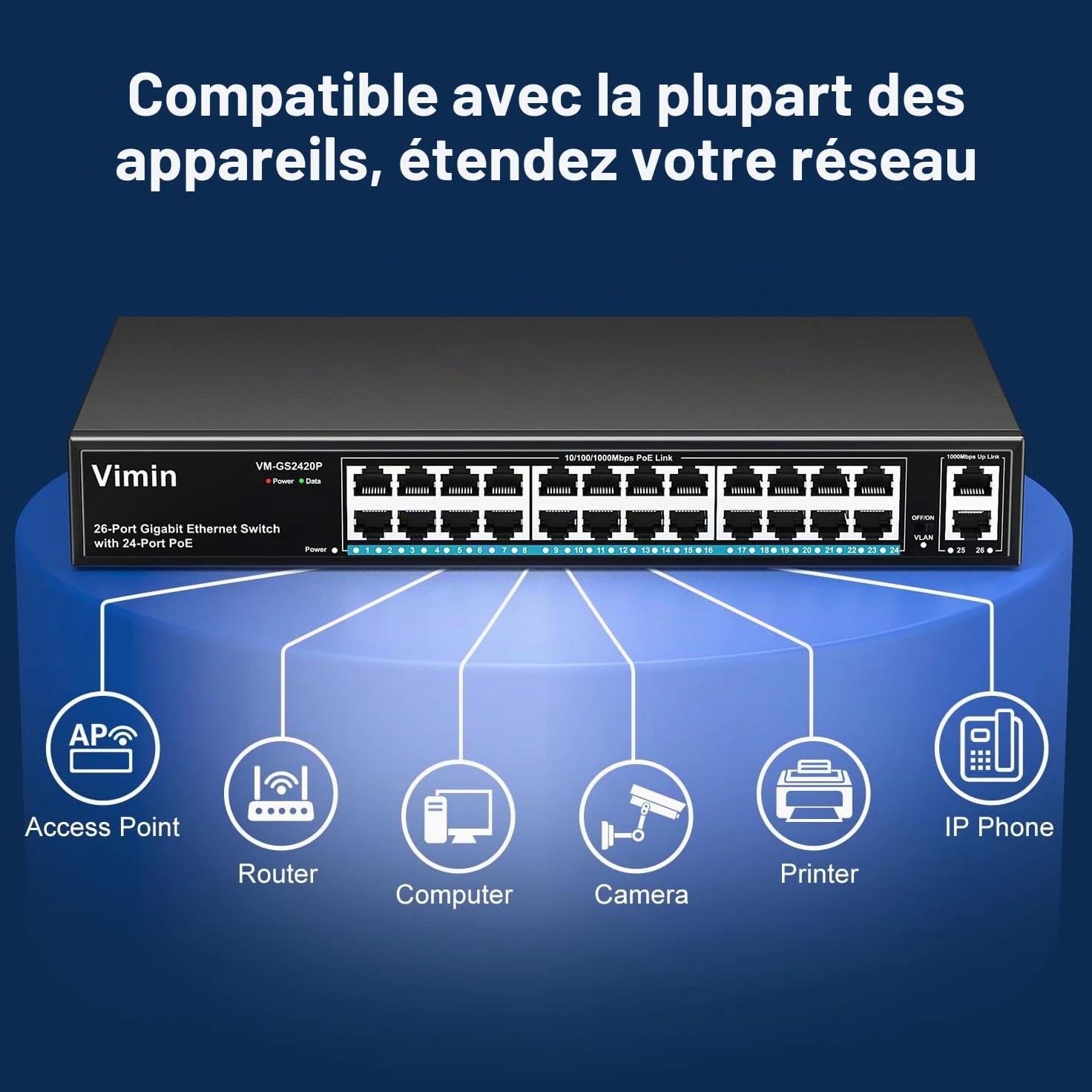 VIMIN Commutateur PoE Gigabit 24 Ports avec 2 Ports Montants Gigabit, Commutateur Ethernet PoE Non Géré 26 Ports avec Une Puissance de 320W, Prise en Charge de IEEE802.3af/at, VLAN, Boîtier en Métal