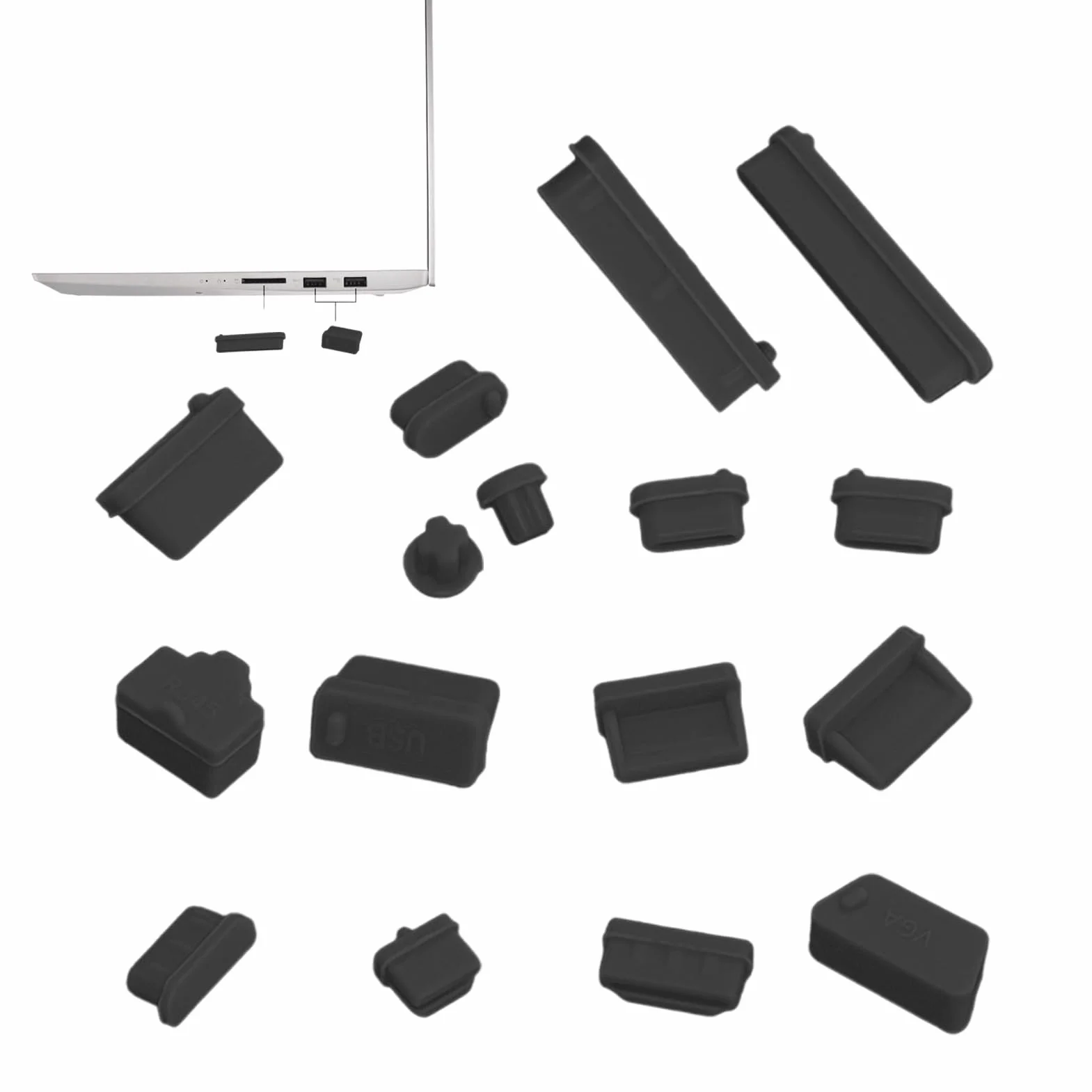 Lot de 16 connecteurs anti-poussière en silicone pour ordinateur portable, USB Rj45 Type C