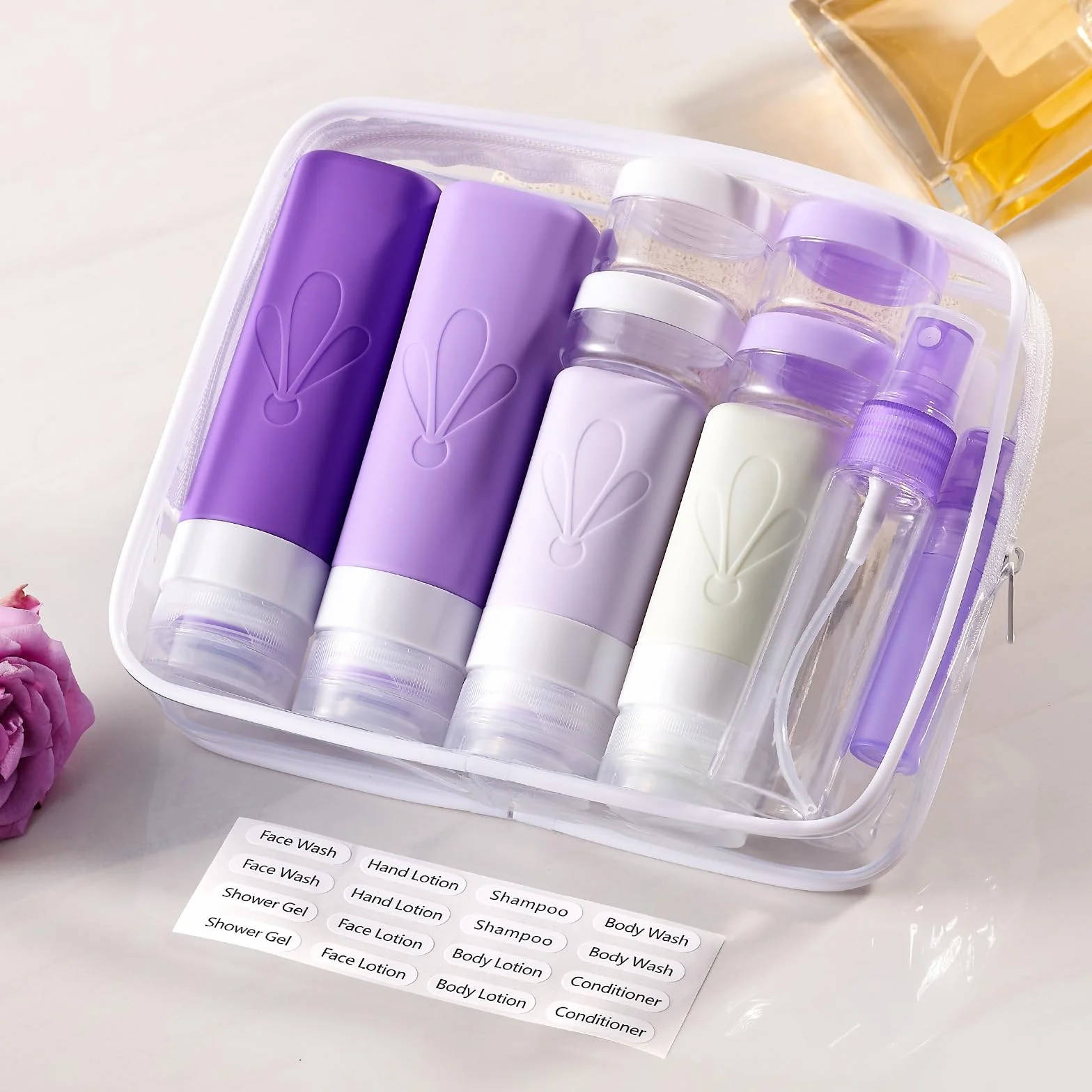INSFIT Flacon Voyage 17 Pièces en Silicone, Contenant Réutilisable 90ml 60ml, Kit Avion Sans BPA, Trousse de Toilette pour Shampooing