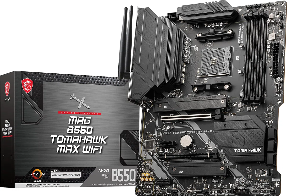 MSI MAG B550 Tomahawk MAX Carte mère de jeu WiFi AMD AM4, DDR4, PCIe 4.0, SATA 6 Go/s, M.2, USB 3.2 Gen 2, HDMI/DP, ATX, Wi-Fi 6E, processeurs AMD Ryzen 5000 Series (renouvelée)