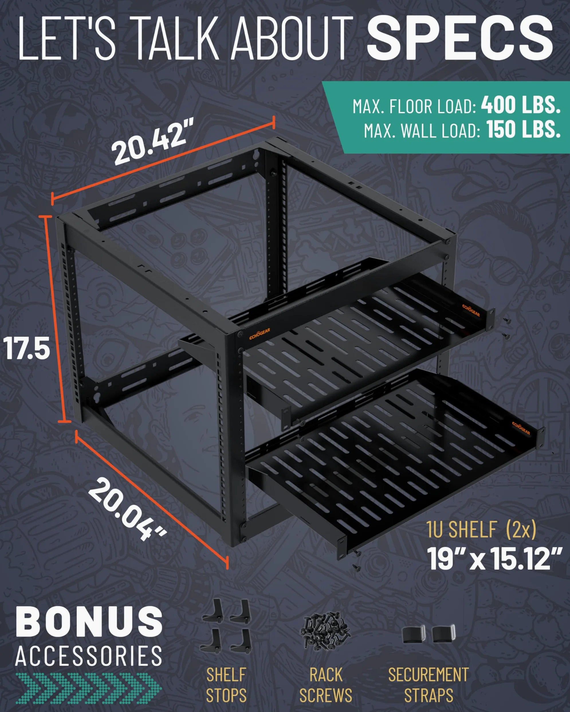 ECHOGEAR Rack réseau 10U – Fixation Murale Robuste à 4 Montants pouvant contenir Tous Vos équipements réseau et AV – Cadre Ouvert avec 2 étagères ventilées 1U et matériel de Montage