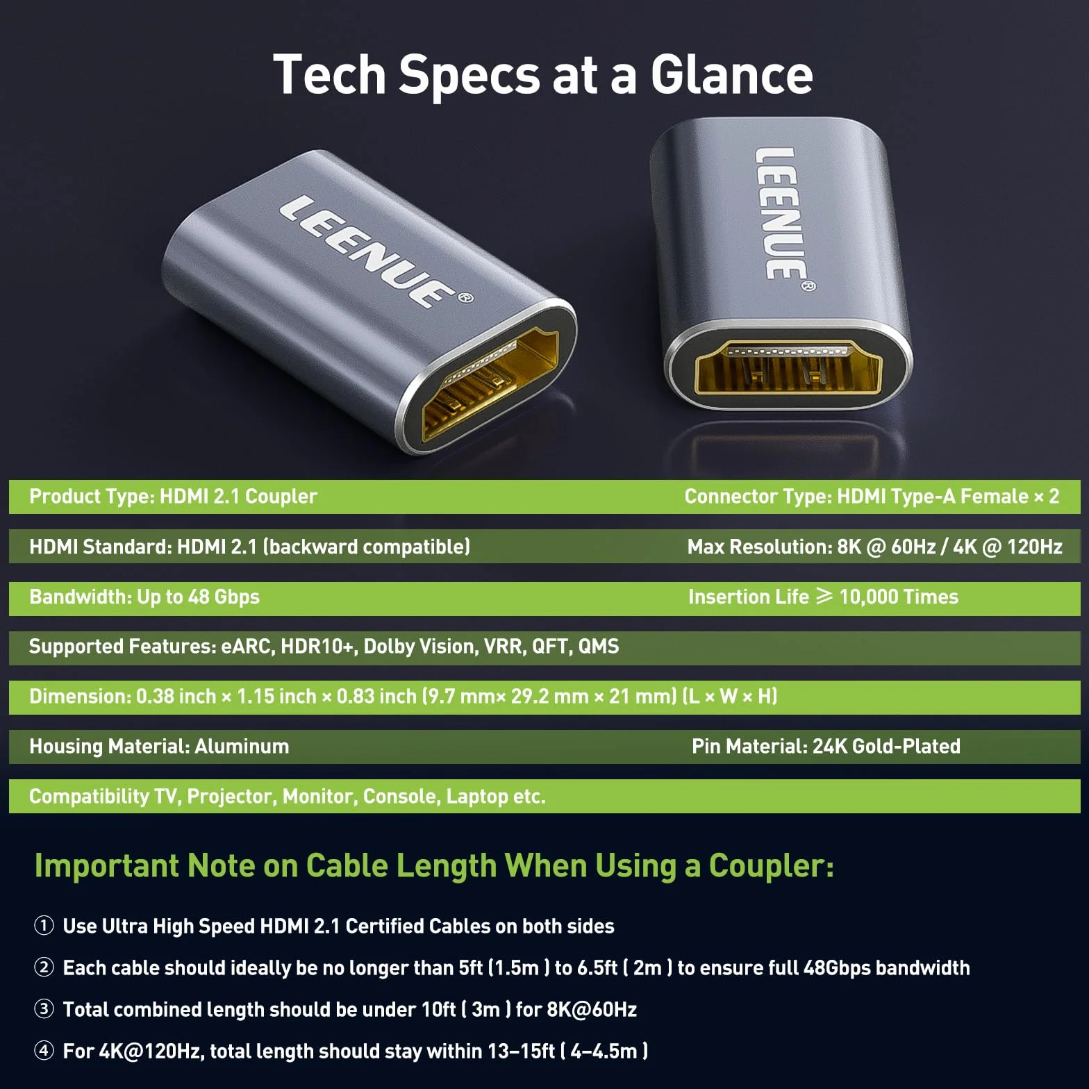 Adaptateur Rallonge HDMI 2.1 Connecteur Femelle vers Femelle 8K@60Hz 4K@120Hz UHD HDR eARC