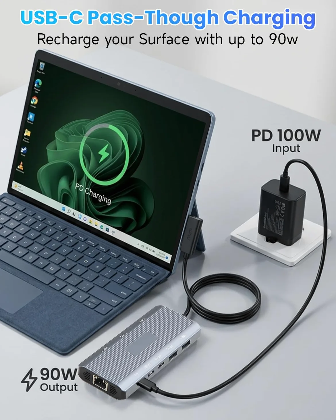10-en-1 MS Surrface Dock 2-Station d'accueil Surrface,HDMI 4K@60Hz | Ethernet Gigabit,3xUSB 3.0,2xUSB-C 3.0,1xUSB-C PD,SD/TF,pour MS Surface Pro 11/10/9/8/X/7/6/5,Surface Laptop, Book