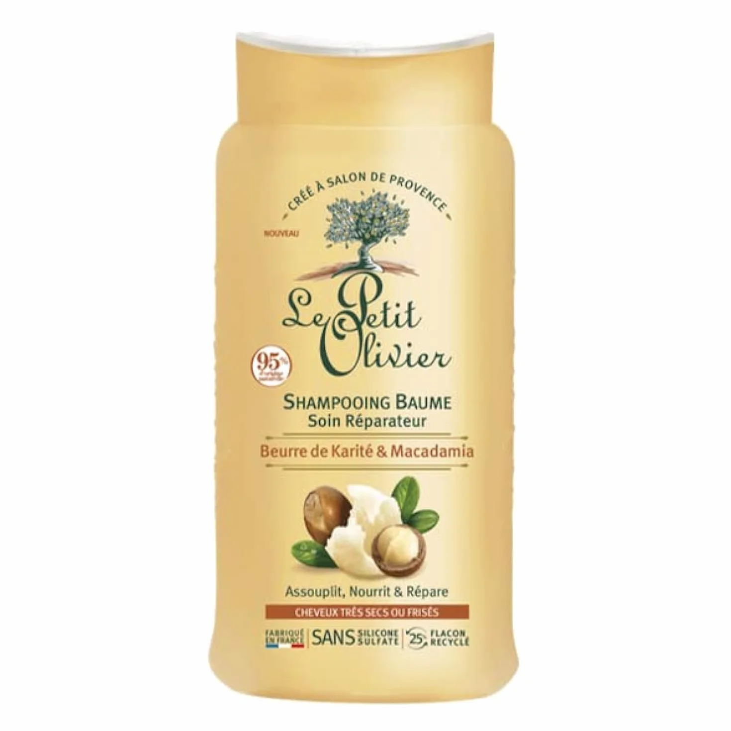 LE PETIT OLIVIER Shampooing Baume Soin Réparateur Karité Macadamia Nourrit Répare Cheveux Très Secs Frisés sans Silicone Sulfate Fabriqué France 250ml