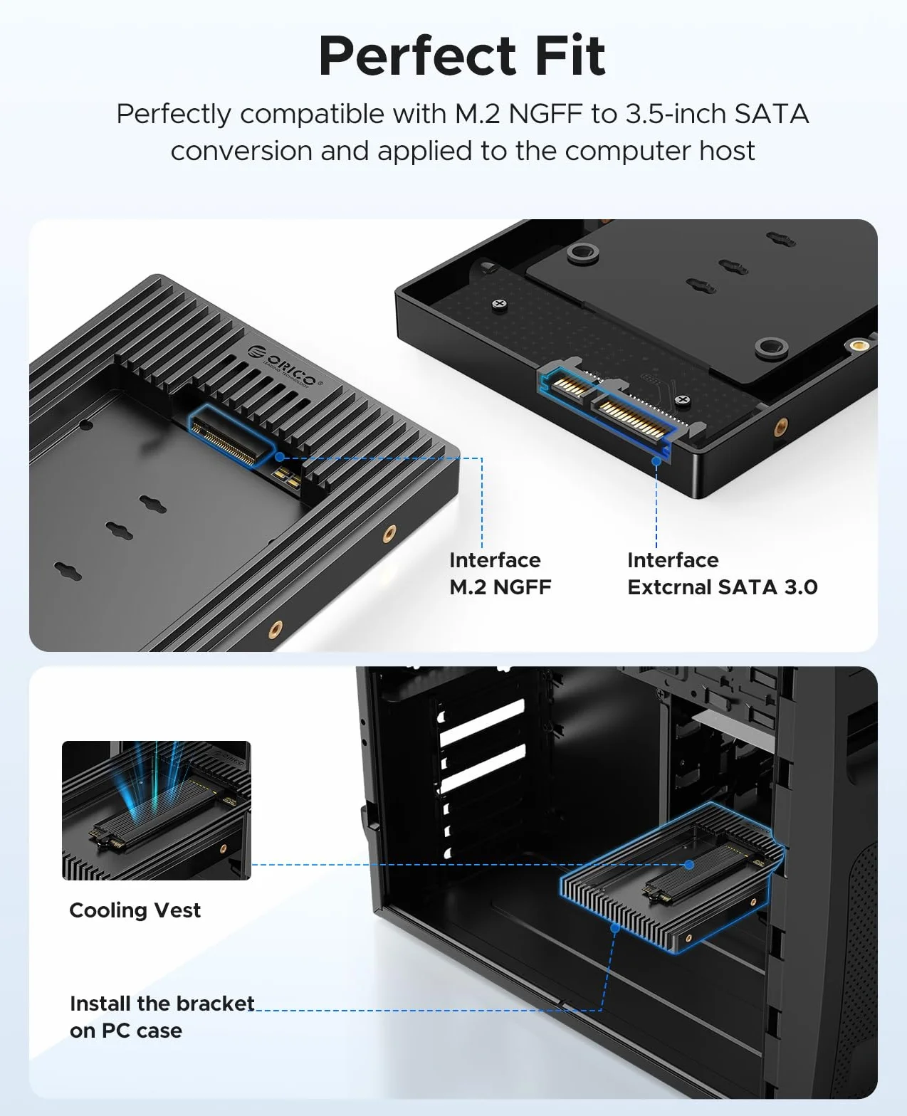 ORICO Adaptateur de Disque Dur M.2 NGFF vers 3,5 Pouces SATA, Cadre de Montage pour M.2 SATA SSD B+M Key 2230/2242/2260/2280