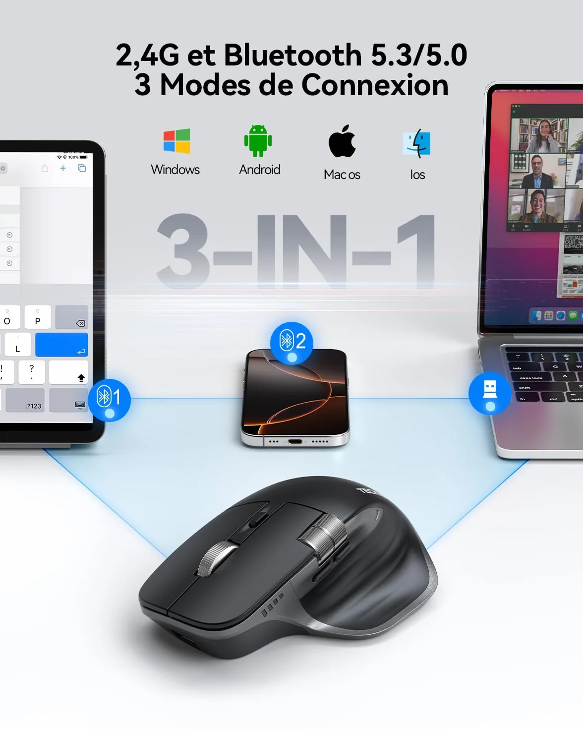TECKNET Souris Bluetooth sans Fil Ergonomique 3 Modes BT5.0/2.4G Rechargeable 4800 DPI Silencieuse Noir