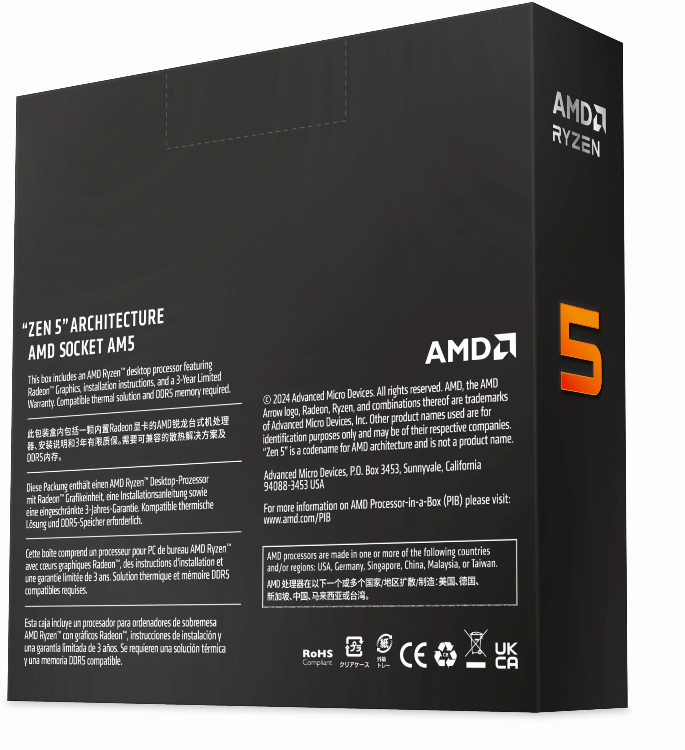 AMD Ryzen 5 9600X Processeur 6 Cœurs 12 Threads 65W TDP Socket AM5 Cache 38Mo 5.4 GHz Boost Sans Ventilateur