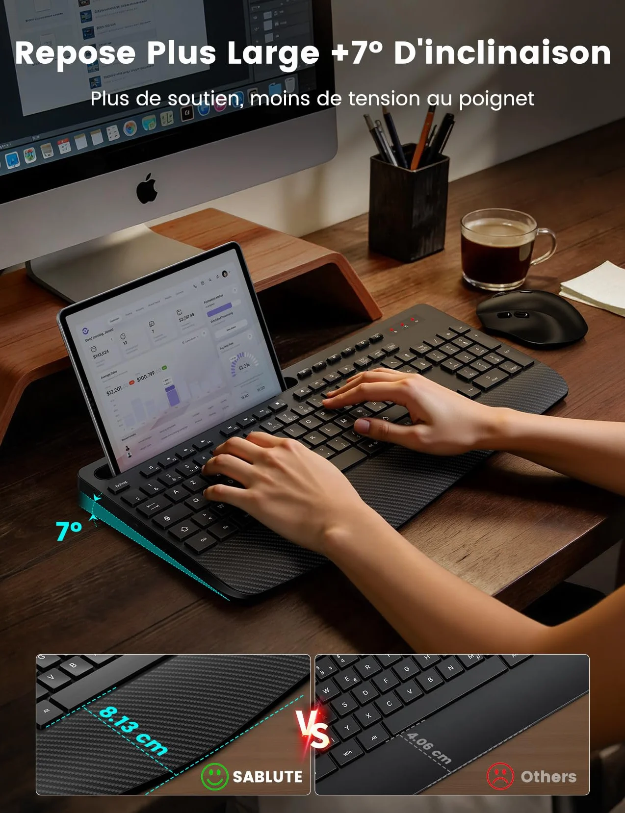 Ensemble Clavier et Souris sans Fil AZERTY-KM23 Noir, Ergonomique Pleine Taille avec Repose-Poignet, Silencieux 2,4 GHz pour PC Windows