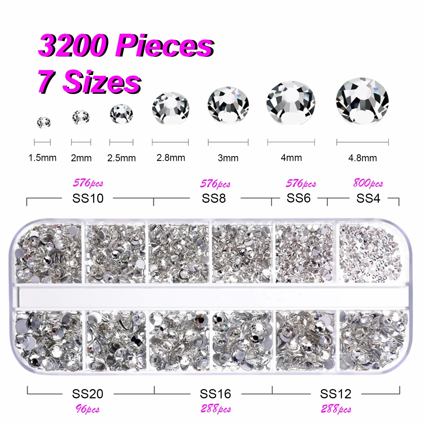 FITDON 3200 Pièces Strass Transparent Dos Plat pour Nail Art Verre Cristal Gemmes Ongles Diamant Clair
