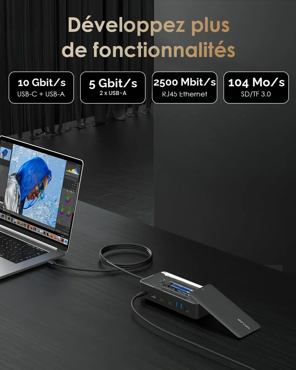 WAVLINK Station d'accueil pour Ordinateur Portable pour Trois écrans (8K @ 30Hz/4K @ 144Hz), Station d'accueil USB-C avec boîtier SSD M.2 PCIe/SATA, Prend en Charge 100 W Power Delivery, USB C/A, SD