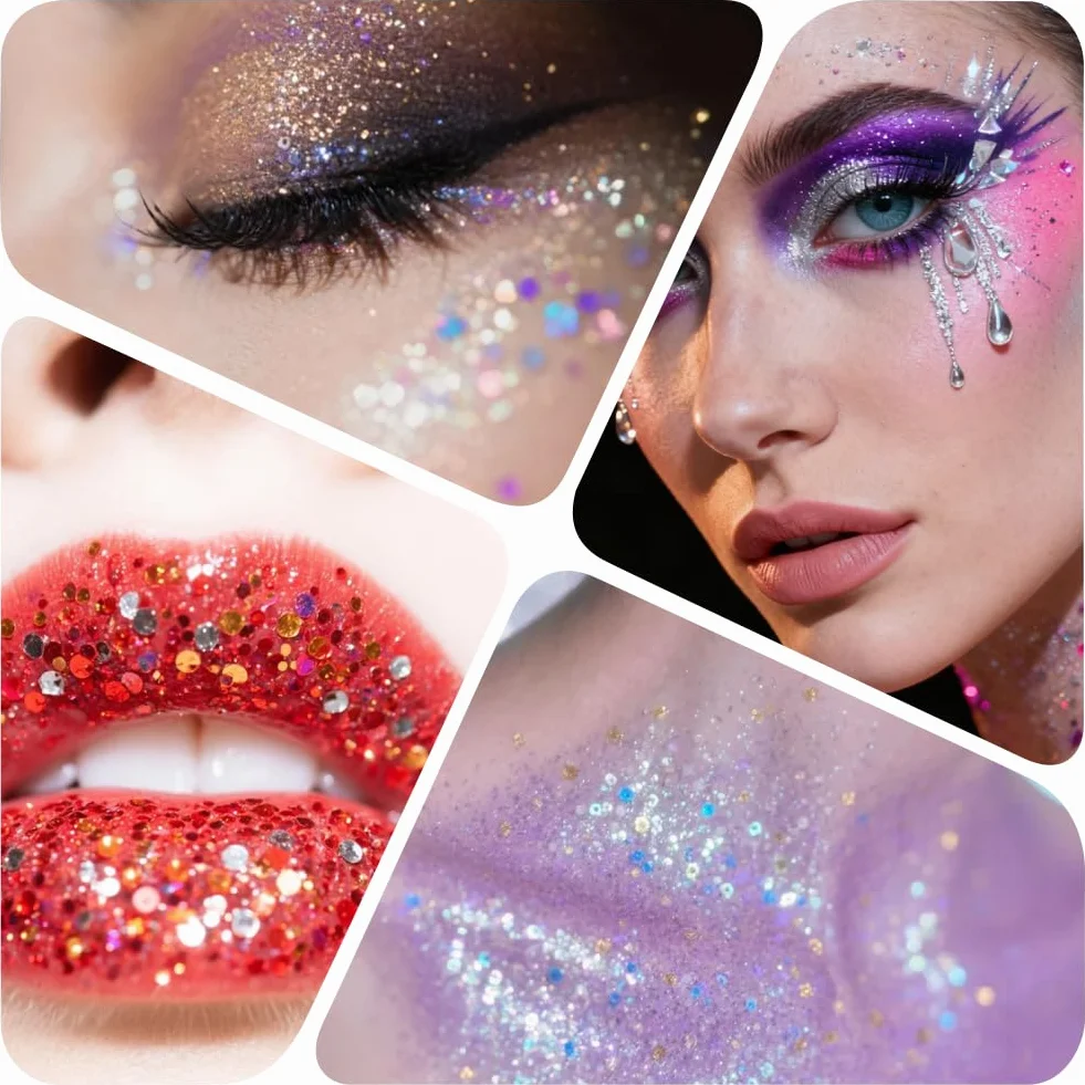Paillettes Fines et Grossières 48 Couleurs Loisirs Créatifs Poudre Irisée Visage Corps Yeux Ongles