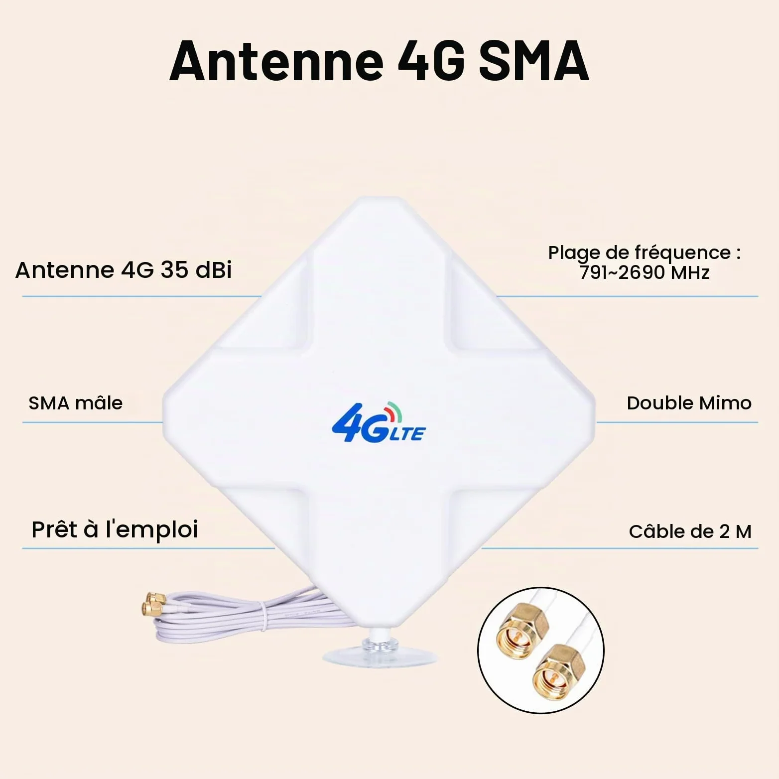 4G LTE Antenne SMA, Connecteur Amplificateur de Signal d'extérieur récepteur 35dbi Haut Gain Réseau à Longue Portée Ethernet pour WiFi routeur Haut débit Mobile (SMA)