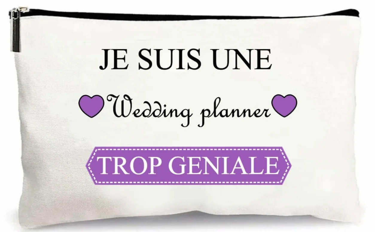 Trousse Beige Wedding Planner Idée Cadeau Personnalisé Remerciement Mariage Organisateur Rangement Maquillage Stylo