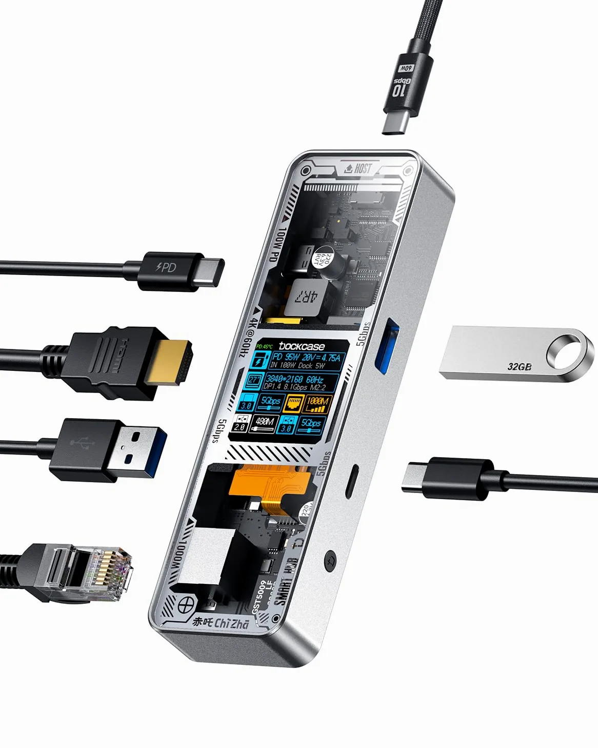 DOCKCASE Smart Hub USB C 6 en 1 Édition Explorer - Station d'Accueil HDMI 4k@60hz, PD 3.0 100w, Gigabit Ethernet, 2 USB-A 5 Gbps - Pour MacBook Air/Pro, XPS, etc - Argent
