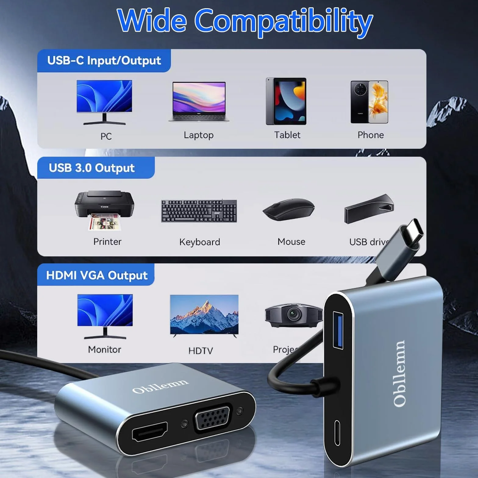 Adaptateur USB C vers VGA Hub 4 en 1 Type C HDMI 4K 30Hz USB 3.0 PD100W pour MacBook Pro Air Chromebook Dell XPS