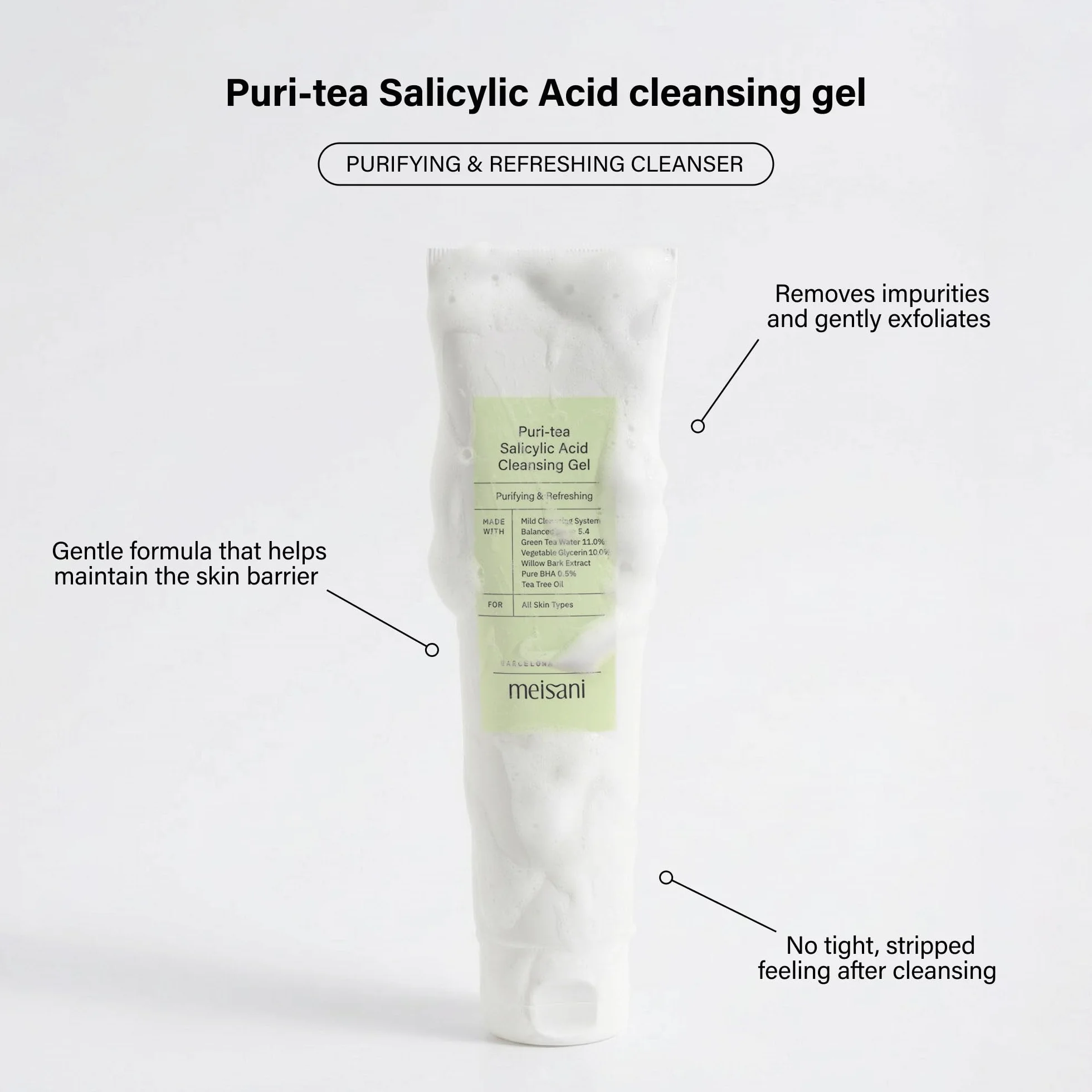 Meisani Puri-Tea Salicylic Acid Cleansing Gel 150ml Nettoyant vegan pH équilibré