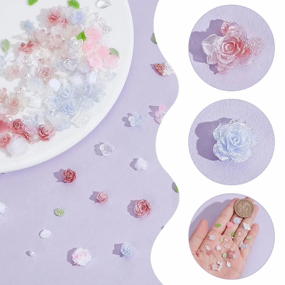 Arricraft 250 pcs Cabochons Ongles Forme Rose 5 Styles Résine Nail Art Décoration Femmes DIY