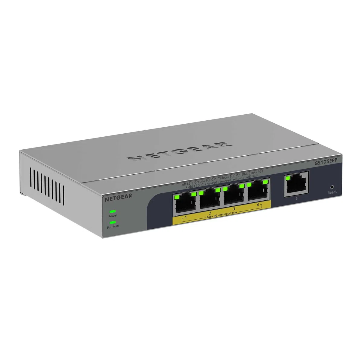 NETGEAR Smart Switch manageable Easy Gigabit Ethernet 5 Ports avec PoE+ - avec 4 Ports PoE+ 120 W, sans Ventilateur, Montage sur Un Bureau ou au Mur (GS105EPP)