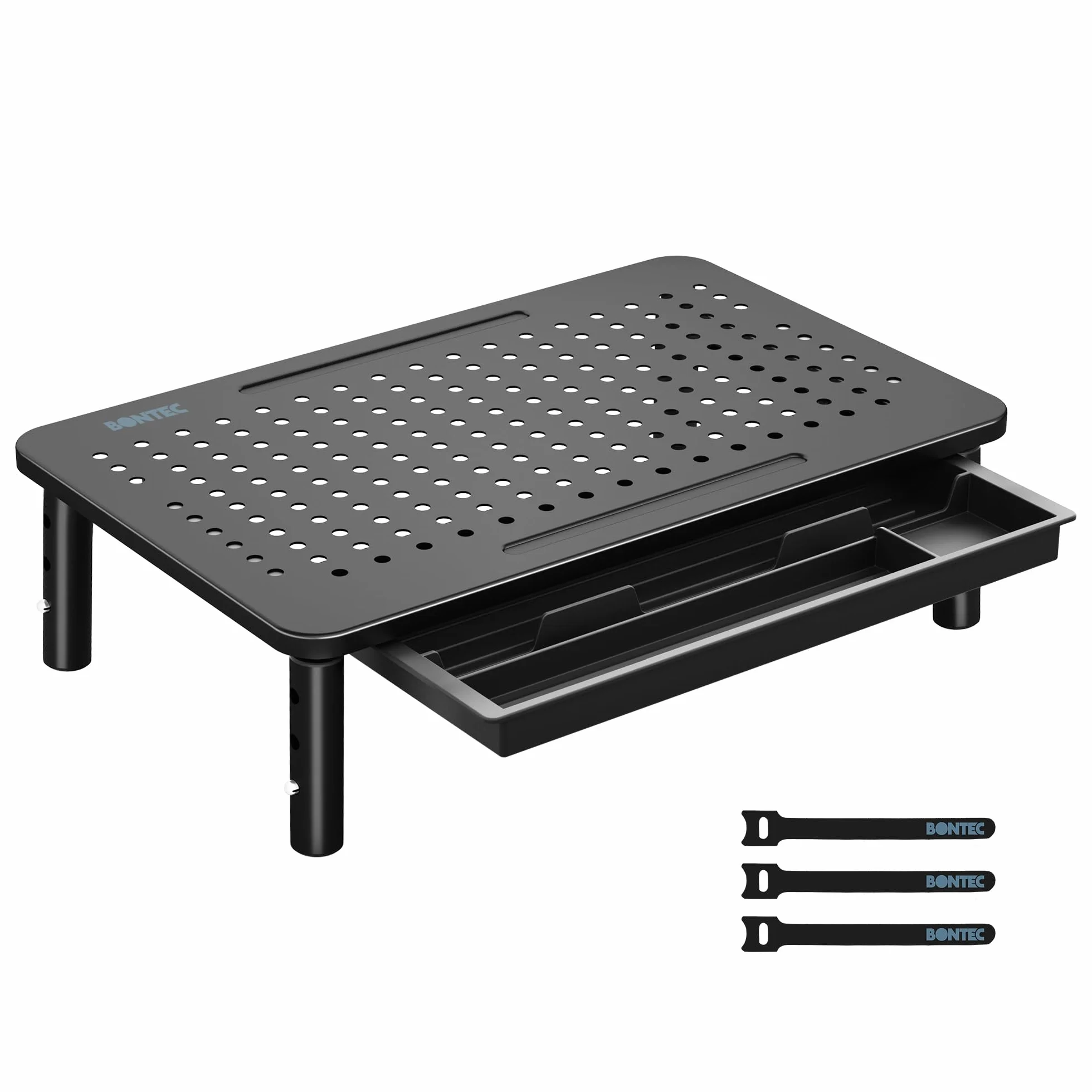 BONTEC Support Moniteur avec Tiroir, 3 Hauteurs Réglables, Rehausseur Ecran Bureau, Plate-Forme Maille 20 kg