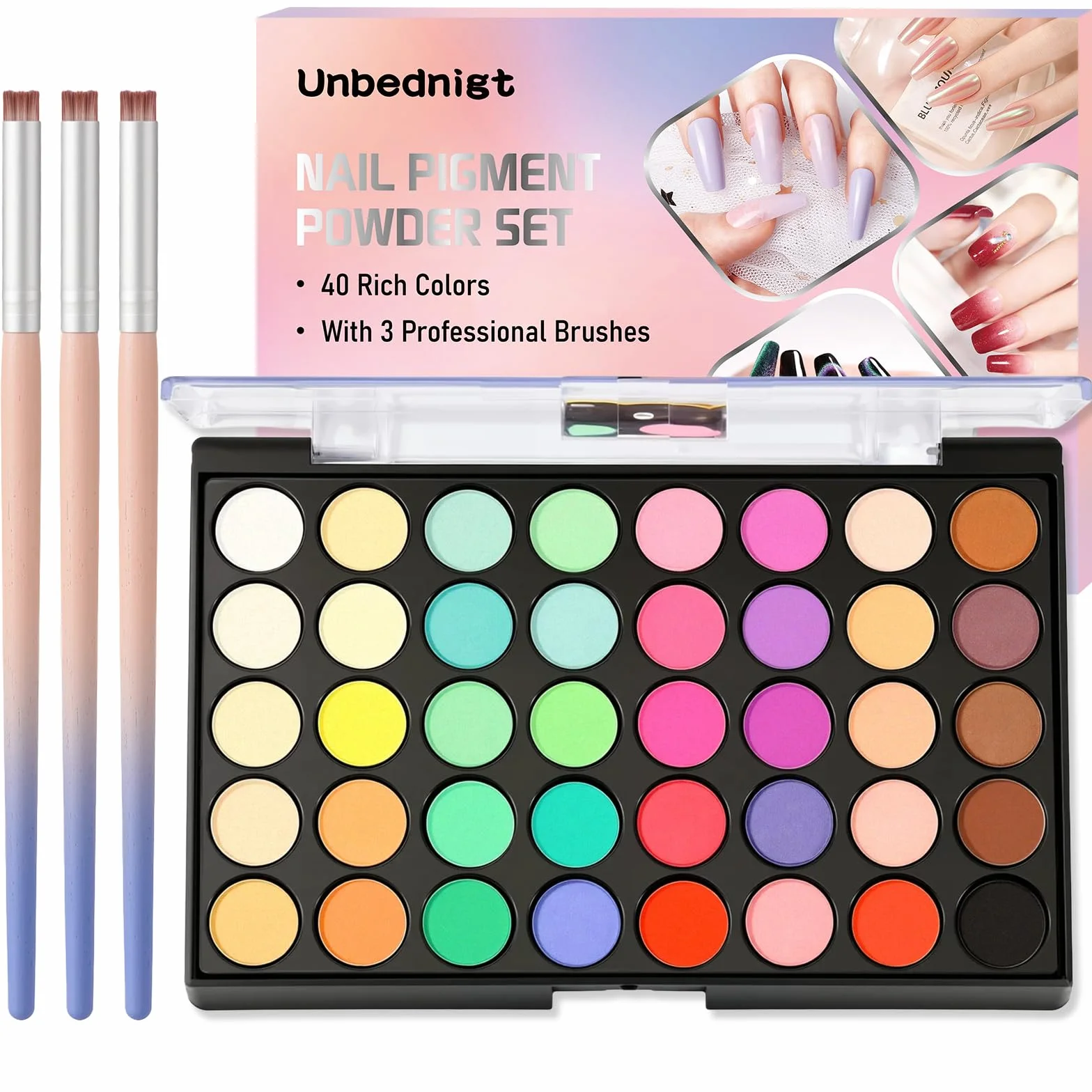 Ensemble de Poudres pour Ongles 40 Couleurs avec 3 Pinceaux Pigments Nail Art Nuances Néon et Pastel Palette