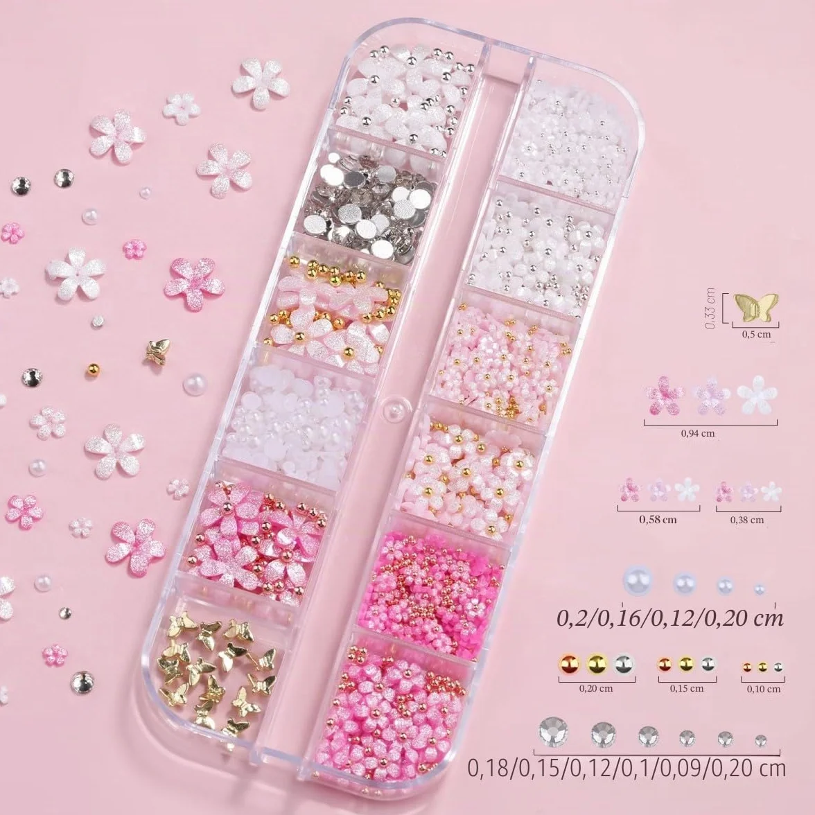 Boîtes de breloques pour ongles 3D nœud fleur demi-perle roses pailletées accessoires manucure loisirs créatifs