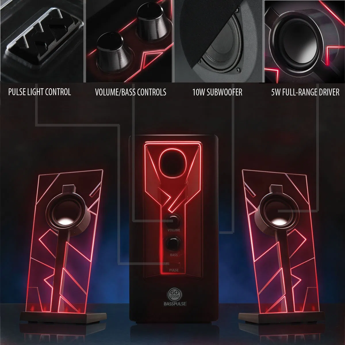 GOgroove BassPULSE Haut-parleurs stéréo 2.1 LED pour Ordinateur de Jeu avec lumières Rouges, Commandes des Basses et Caisson de Basses alimenté – Compatible avec PC, Mac, Ordinateur de Bureau,