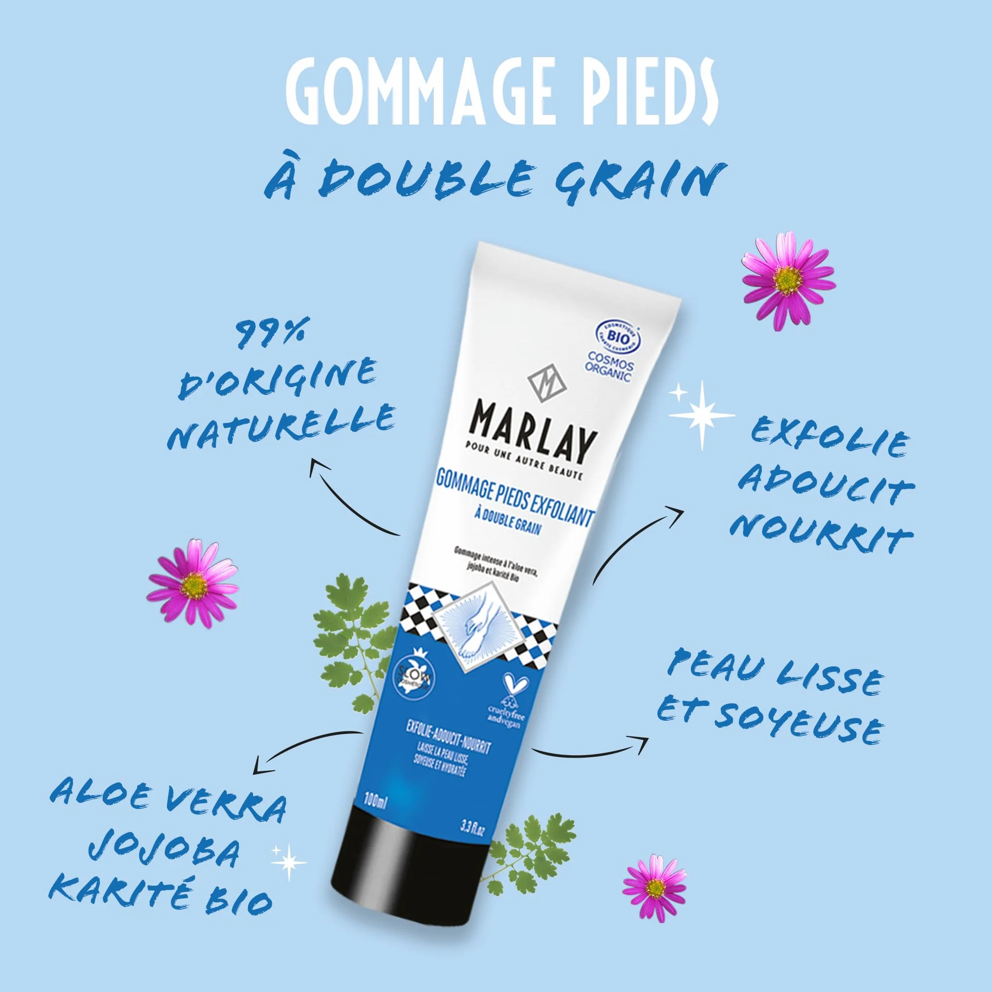 Marlay Cosmetics Gommage Pieds Exfoliant 100 ml Peeling Pied Crème Exfoliante Bio Aloé Vera Beurre Karité Huile Jojoba
