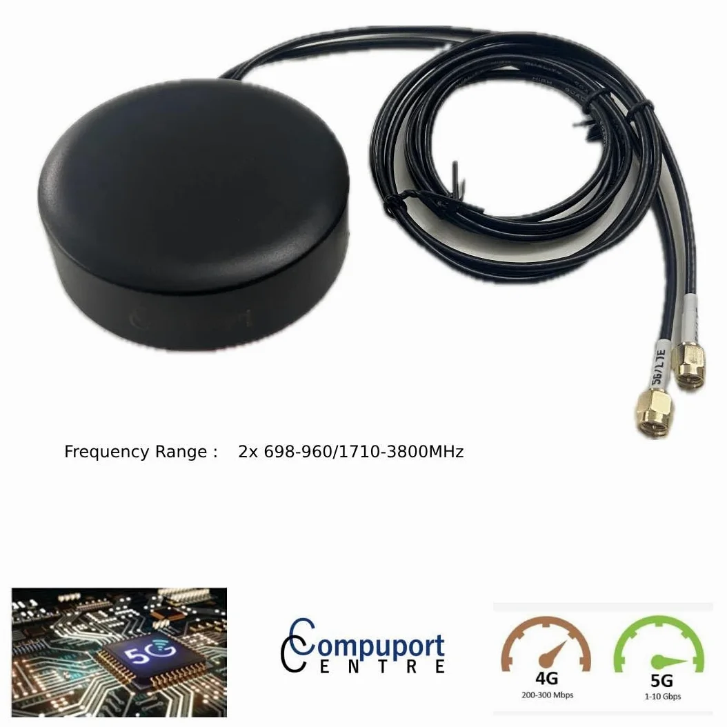 L'antenne de palet de montage magnétique et adhésif CompuPort 5G Cellular Omni-Directional est conçue pour une gamme d'applications cellulaires, y compris les appareils IoT. Câble mâle SMA double