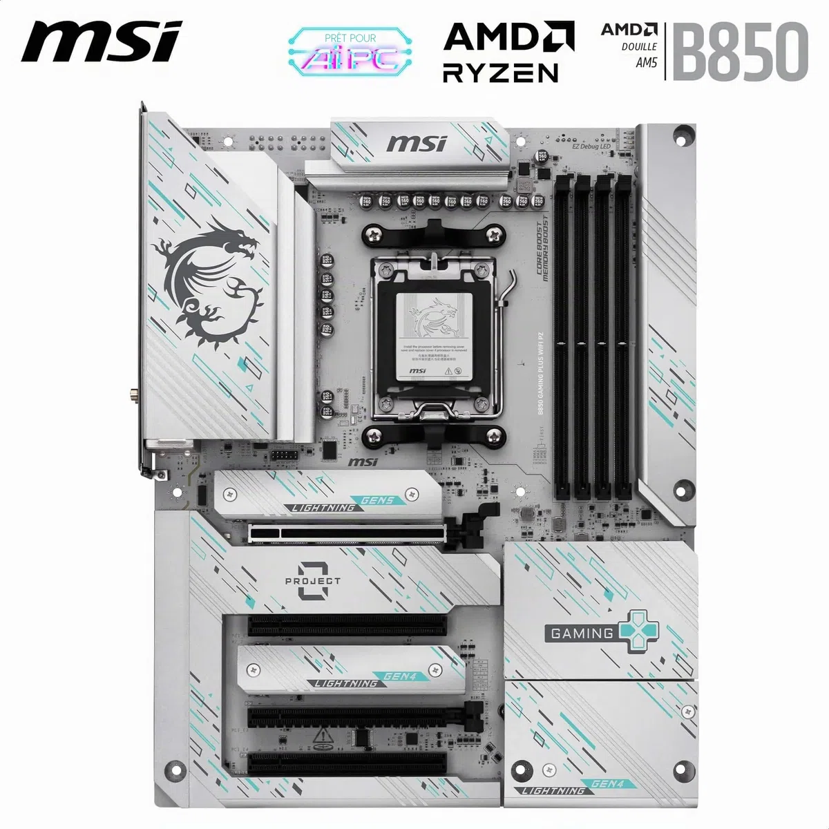 MSI Carte mère B850 Gaming Plus WiFi PZ, ATX - Prend en Charge Les processeurs AMD Ryzen 9000/8000/7000, AM5 - DDR5 Memory Boost 8200+ MT/s (OC), PCIe 5.0 x16, M.2 Gen5, Wi-FI 7, 5G LAN