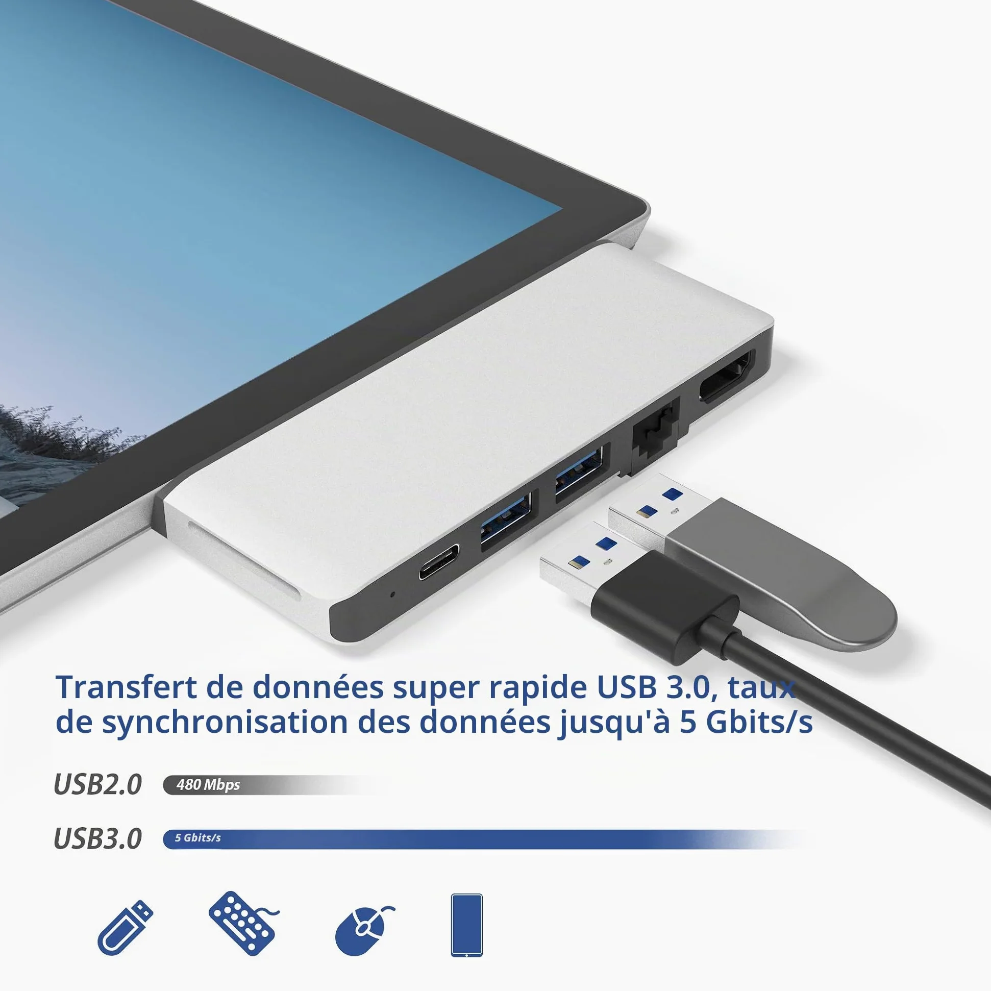 Surface Pro 7 Hub Docking Station with 4K HDMI Adapter, 100M Ethernet LAN, 2 USB 3.0 Audio & Data Transfer Port, SD Card Reader Converter Combo Adaptateur pour Microsoft Surface Pro 7