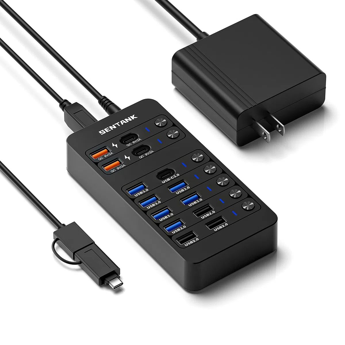 Hub USB 3.0 14 ports (6 ports USB 3.0 + 4 ports de charge rapide) avec interrupteur marche/arrêt LED indépendant, avec adaptateur d'alimentation 60 W pour Mac, PC