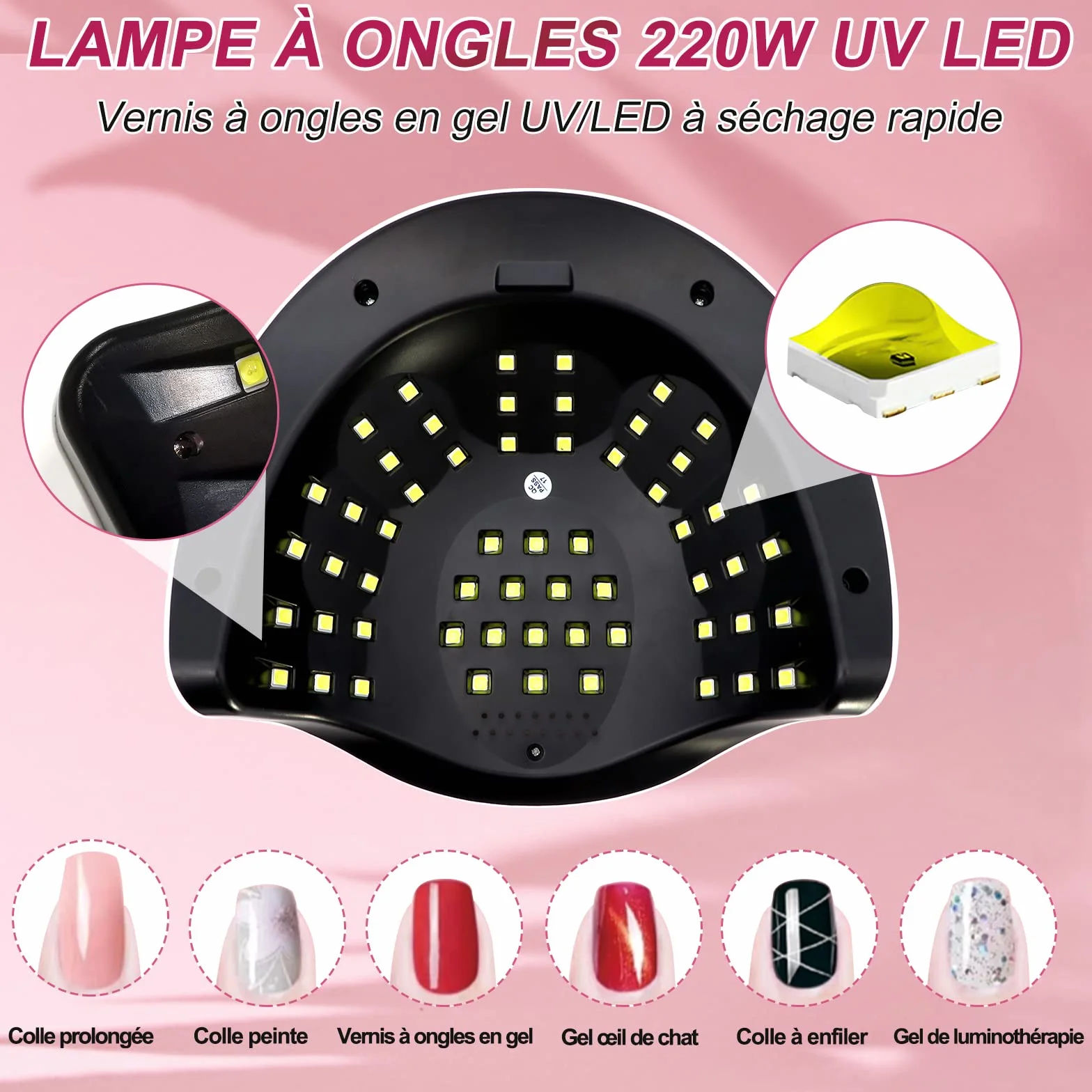 Lampe UV Ongles Gel 220W Professionnelle avec 4 Minuteries Écran Tactile Capteur Automatique Poignée Portable (Blanc)