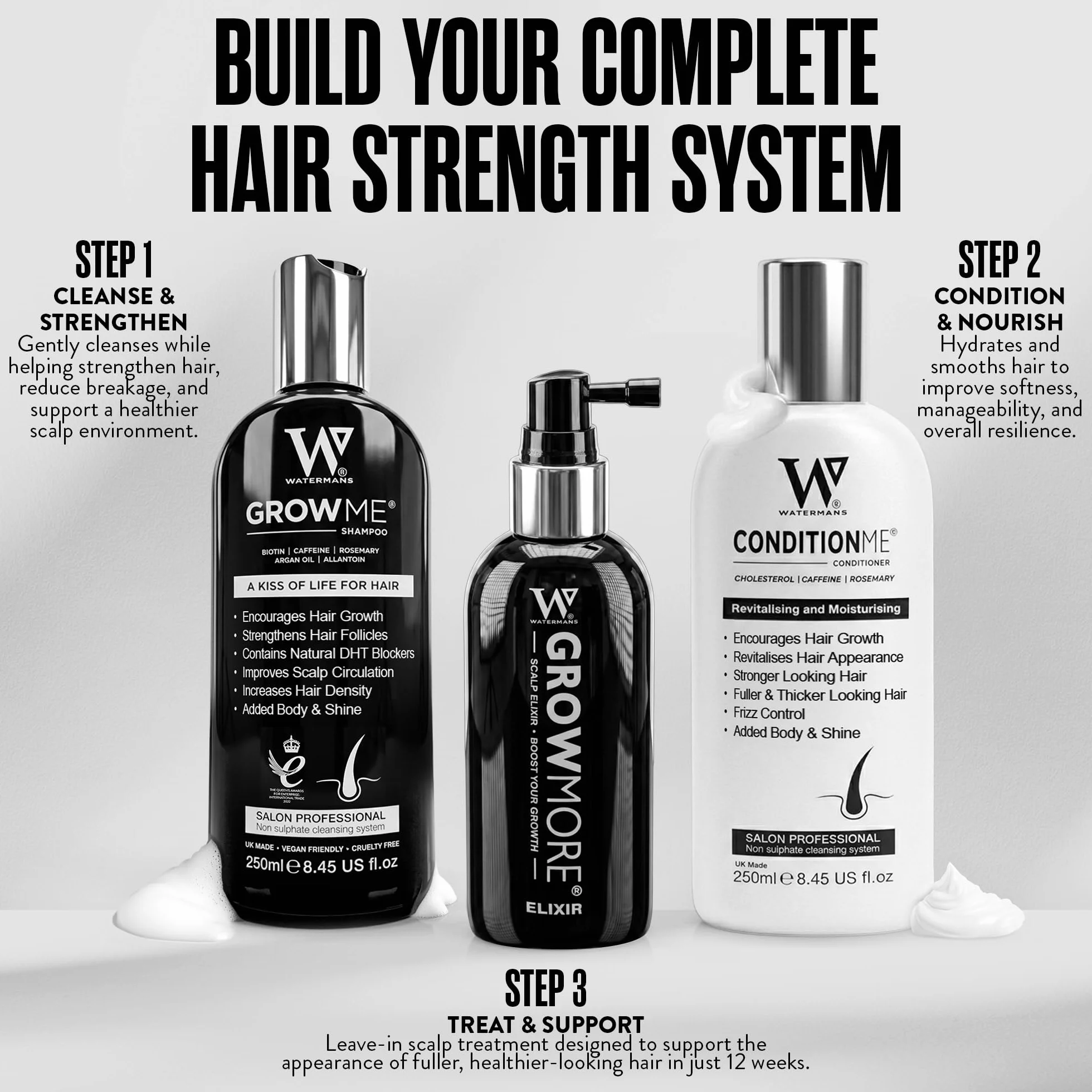 Watermans shampooing croissance capillaire sans sulfate caféine biotine huile d'argan allantoïne romarin