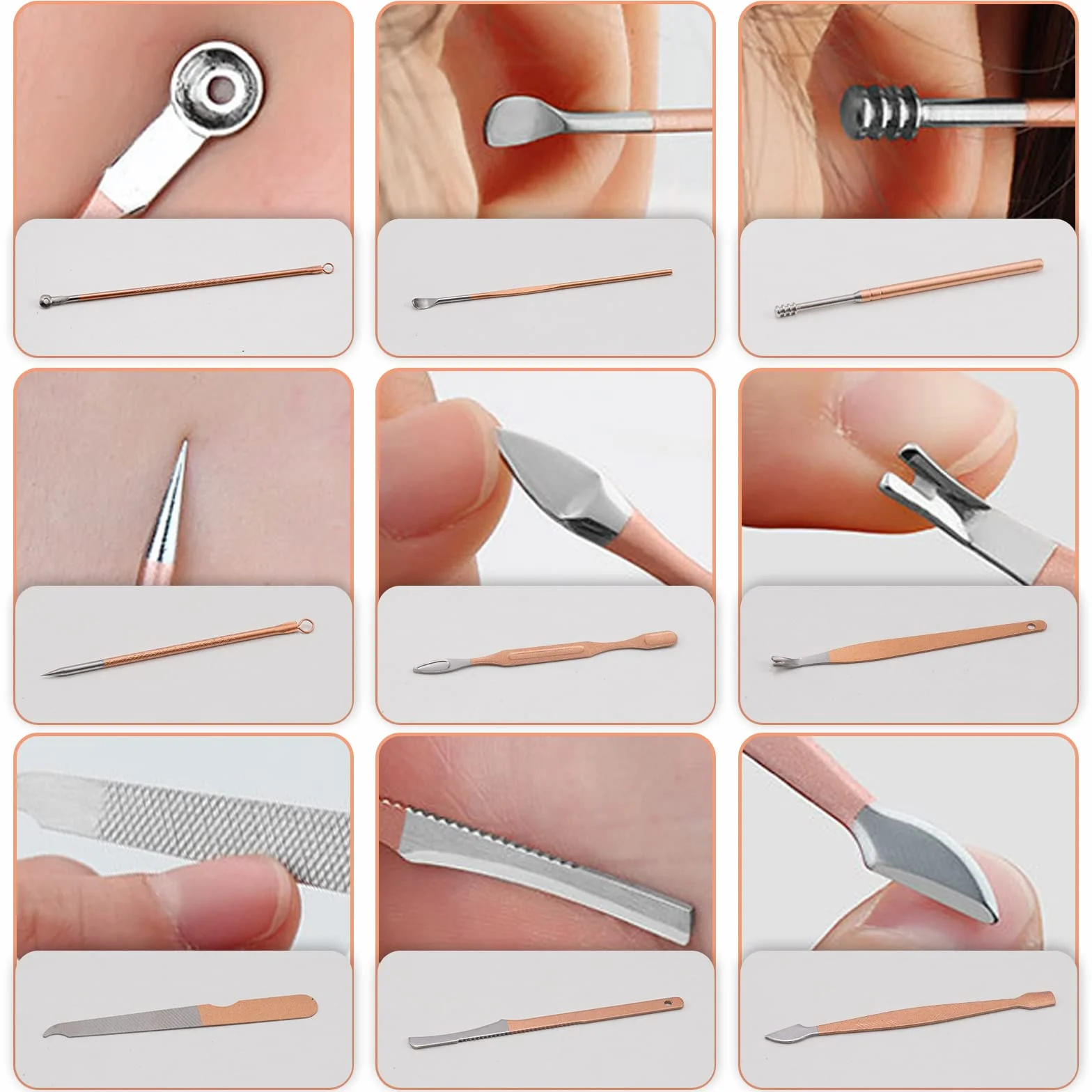 Kit de Manucure Pedicure 18 pièces, Acier Inox, Or Rose