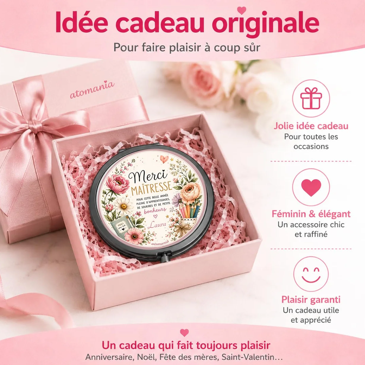 Miroir de Poche Personnalisé Merci Maîtresse – Cadeau Fin d'Année Scolaire – Miroir Compact