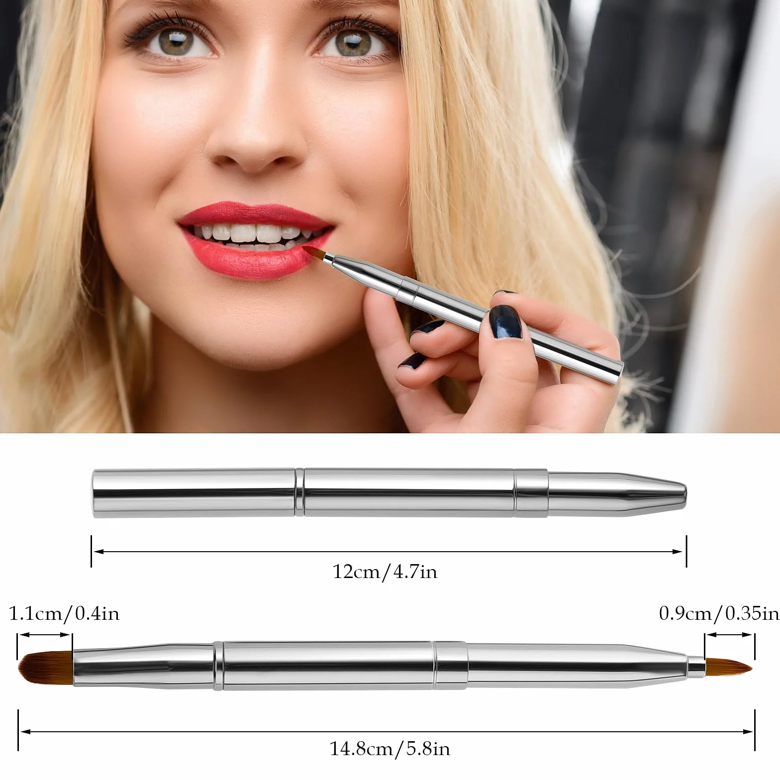 Pinceau de maquillage rétractable double extrémité portable pour rouge à lèvres, anti-cernes, contour des lèvres (argent)