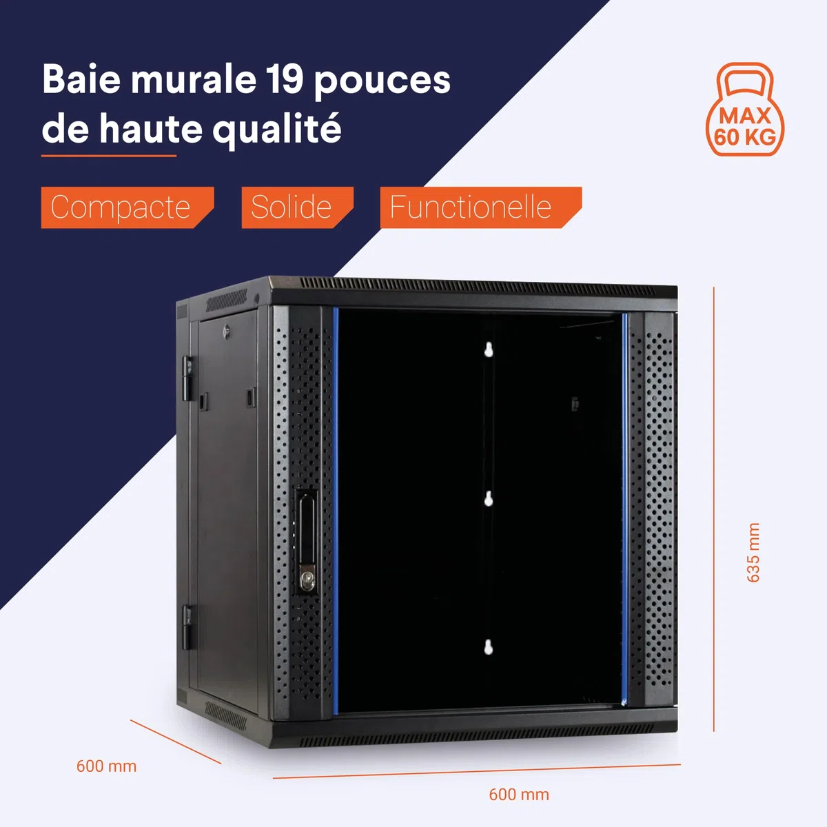Baie Murale 12u (inclinable) avec Porte en Verre 600x600x635mm - Noir