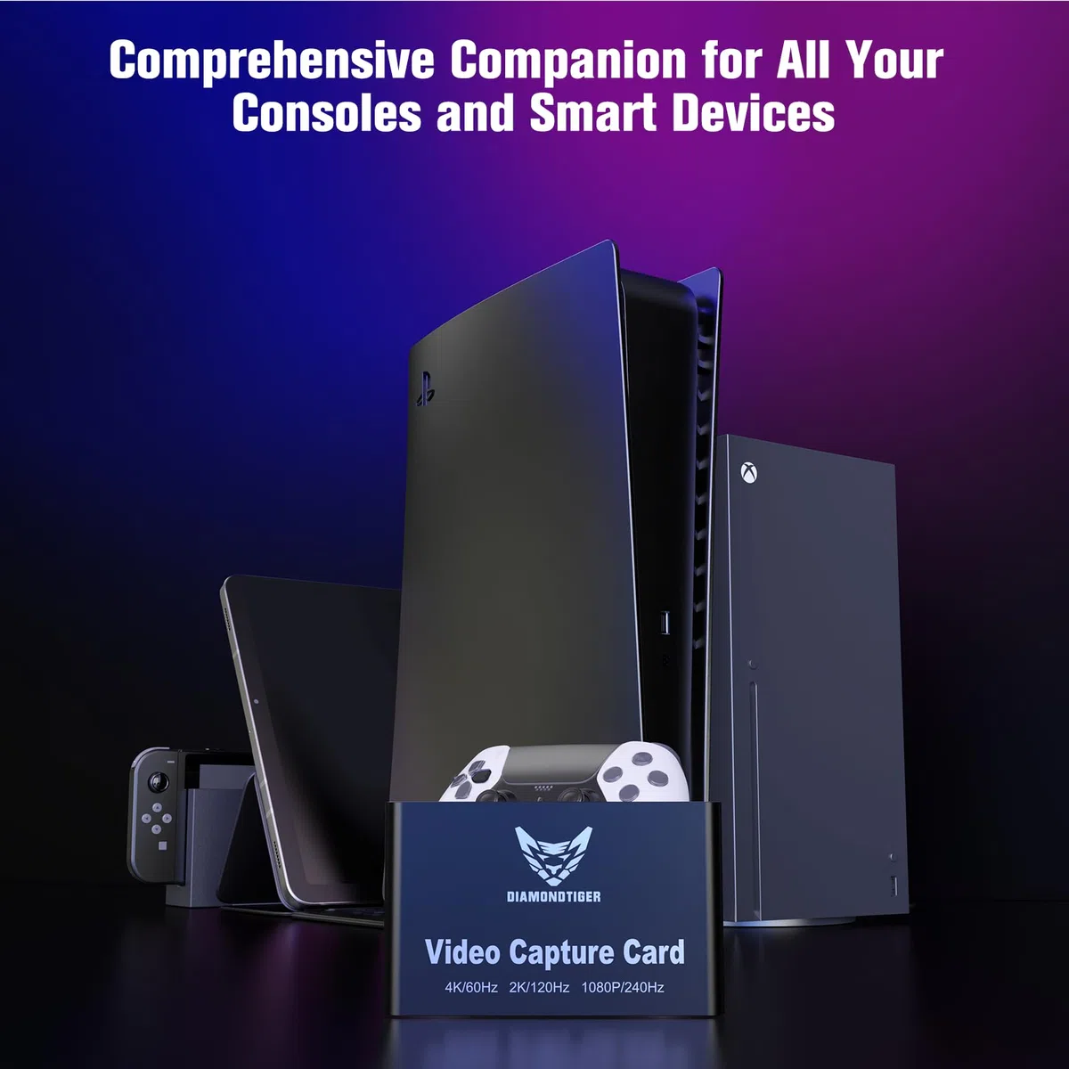 Carte de capture vidéo 4K 60 Hz, 1080p 240 Hz avec passthrough HDR VRR, enregistreur USB 3.2 Type-C sans décalage pour PS5, Xbox Series X/S, Nintendo Switch, PC, OBS, Twitch
