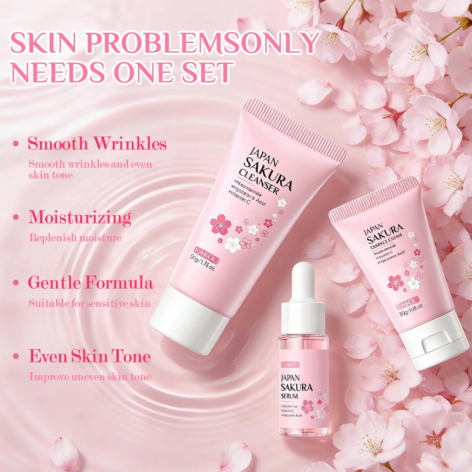 Sakura Ensemble de Soins de la Peau, Trousse de Voyage avec Crème Nettoyante, Toner, Sérum, Set Hydratant